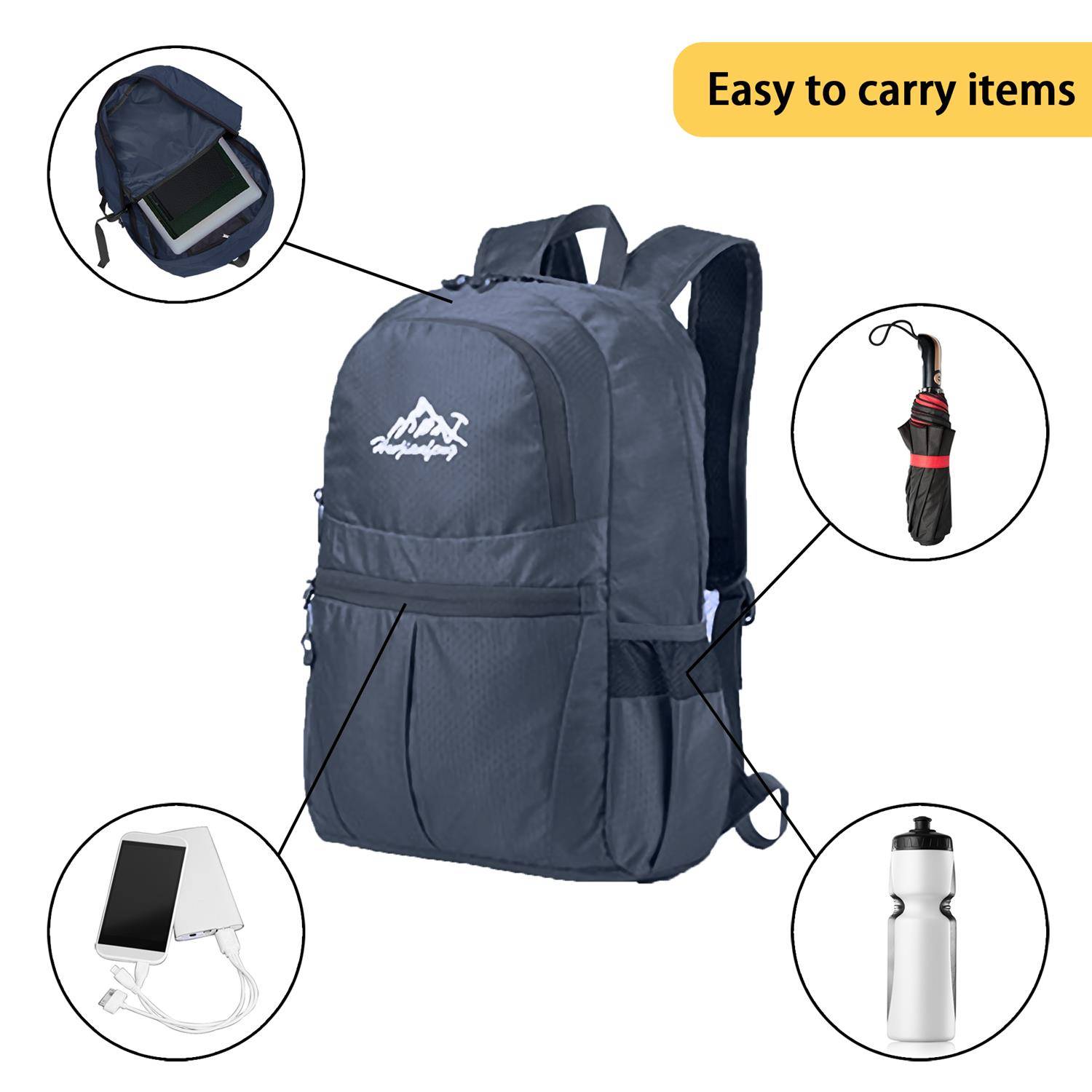 Intirilife Faltbarer Rucksack Ultraleicht in Dunkelblau - 36L Unisex Wanderrucksack Wasserdicht - Outdoor Daypack für Camping, Wandern, Reisen