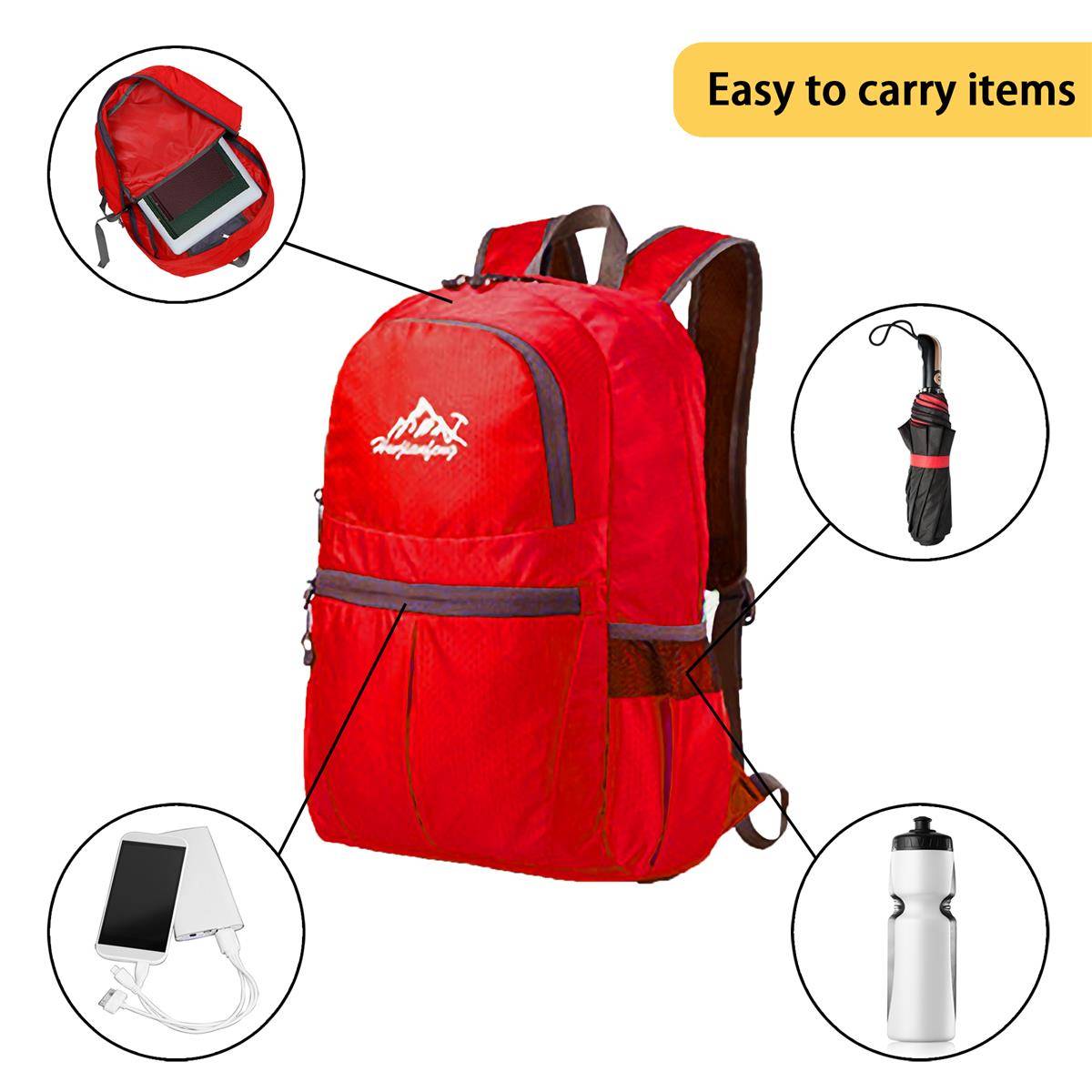 Intirilife Faltbarer Rucksack Ultraleicht in Rot - 36L Unisex Wanderrucksack Wasserdicht - Outdoor Daypack für Camping, Wandern, Reisen, Klettern
