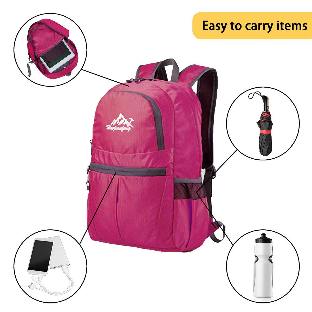 Intirilife Faltbarer Rucksack Ultraleicht in Pink - 36L Unisex Wanderrucksack Wasserdicht - Outdoor Daypack für Camping, Wandern, Reisen, Klettern