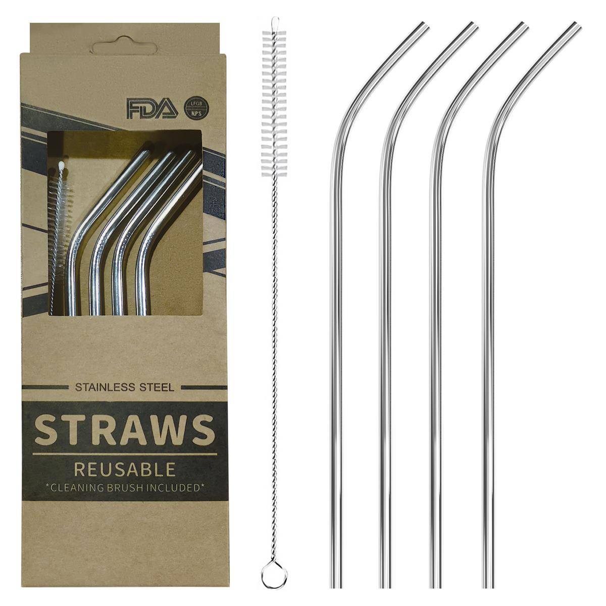 Intirilife wiederverwendbare Trinkhalme aus Edelstahl - 4x Metall Strohhalme mit Reinigungsbürste Silber