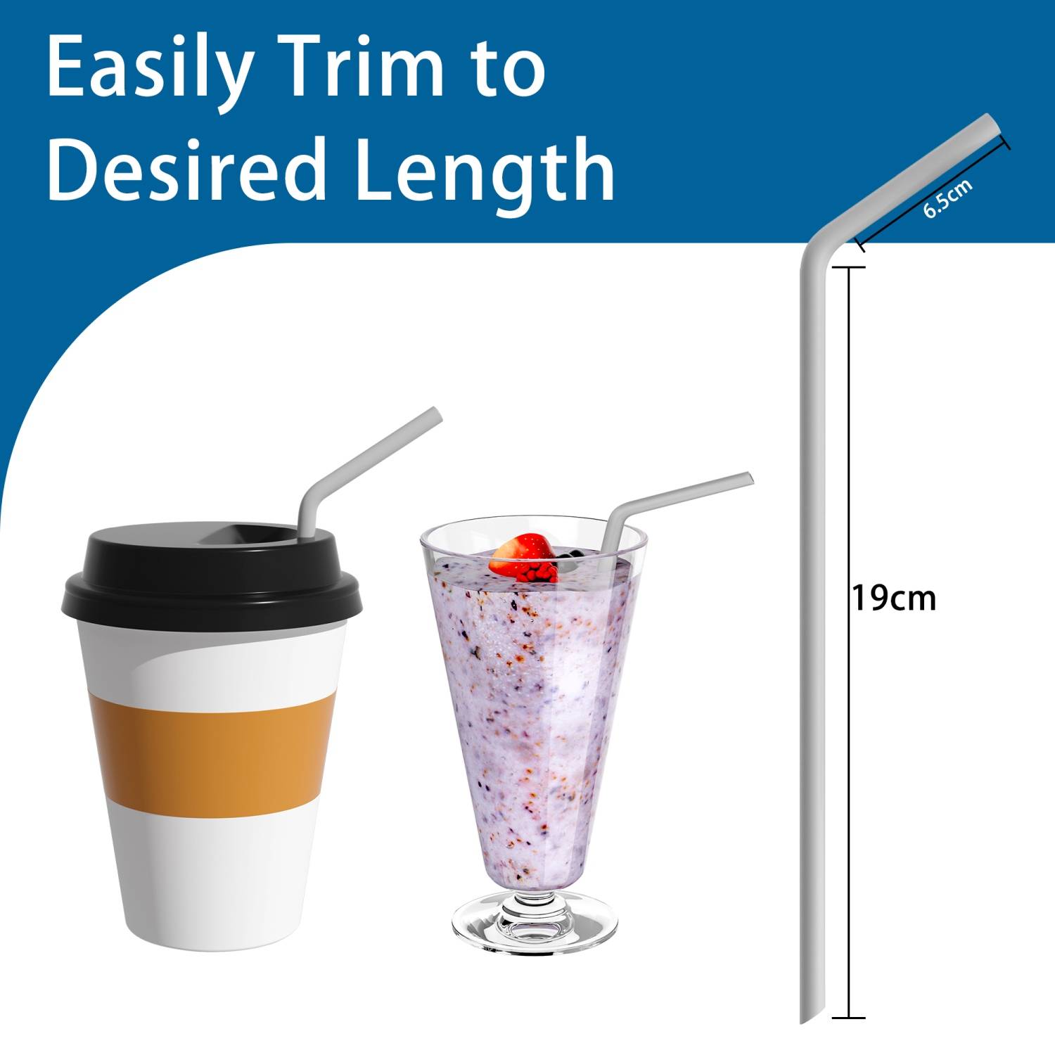 Intirilife wiederverwendbarer biegbarer Silikonstrohhalm mit 25 cm Länge in Grau - Mit Reinigungsbürste und tragbarer Aufbewahrungsbox in Weiß