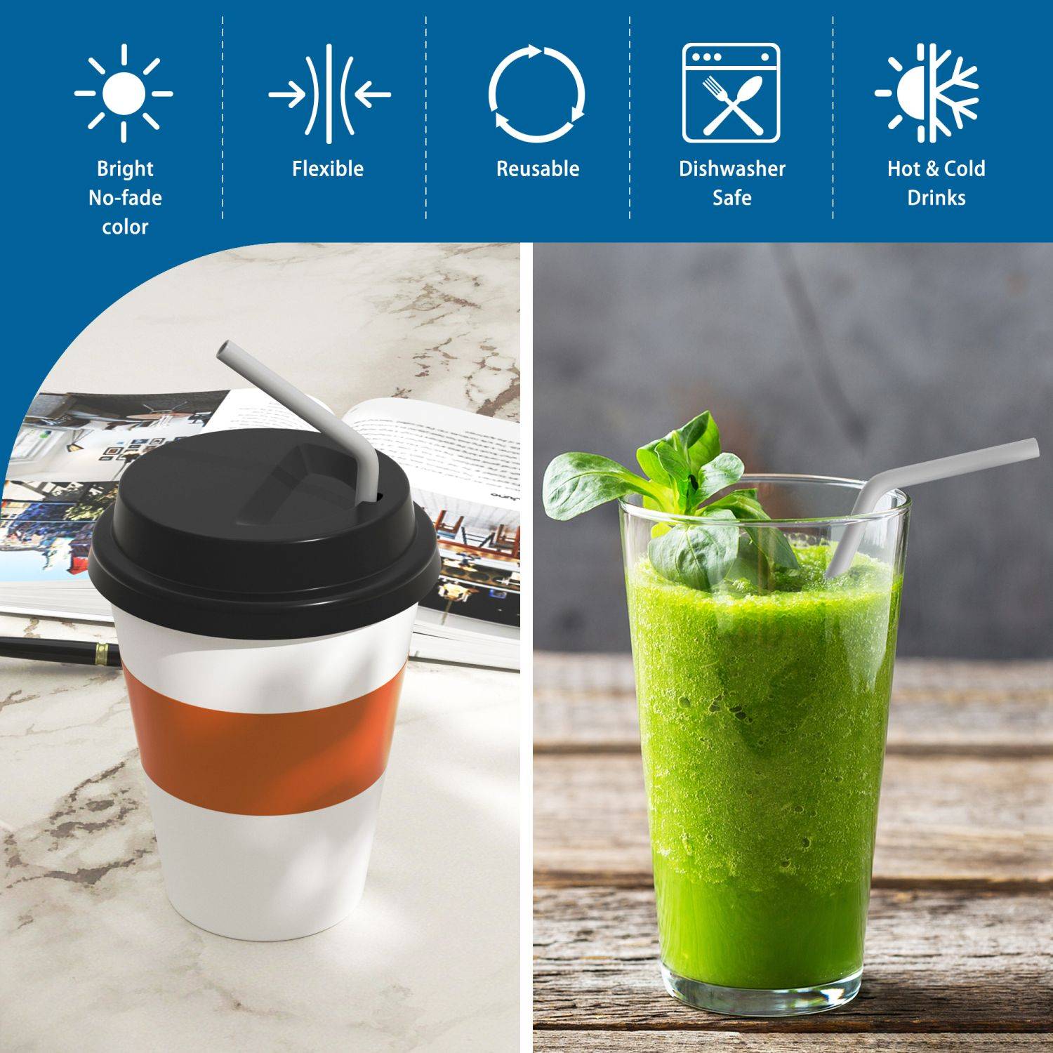 Intirilife wiederverwendbarer biegbarer Silikonstrohhalm mit 25 cm Länge in Grau - Mit Reinigungsbürste und tragbarer Aufbewahrungsbox in Weiß