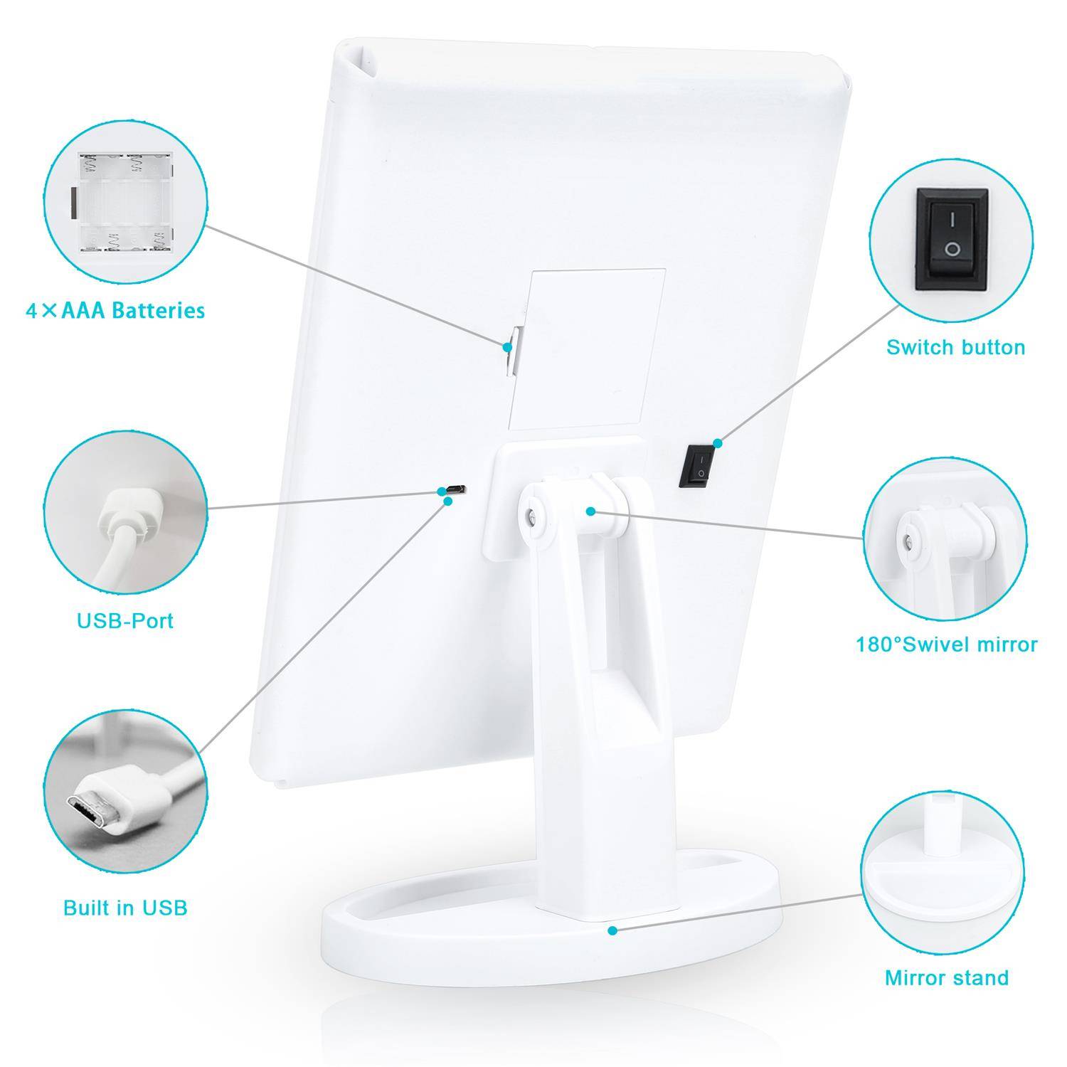 Intirilife Schminkspiegel mit LED - Beleuchteter Kosmetikspiegel Makeup Tischspiegel Klappbar Weiß