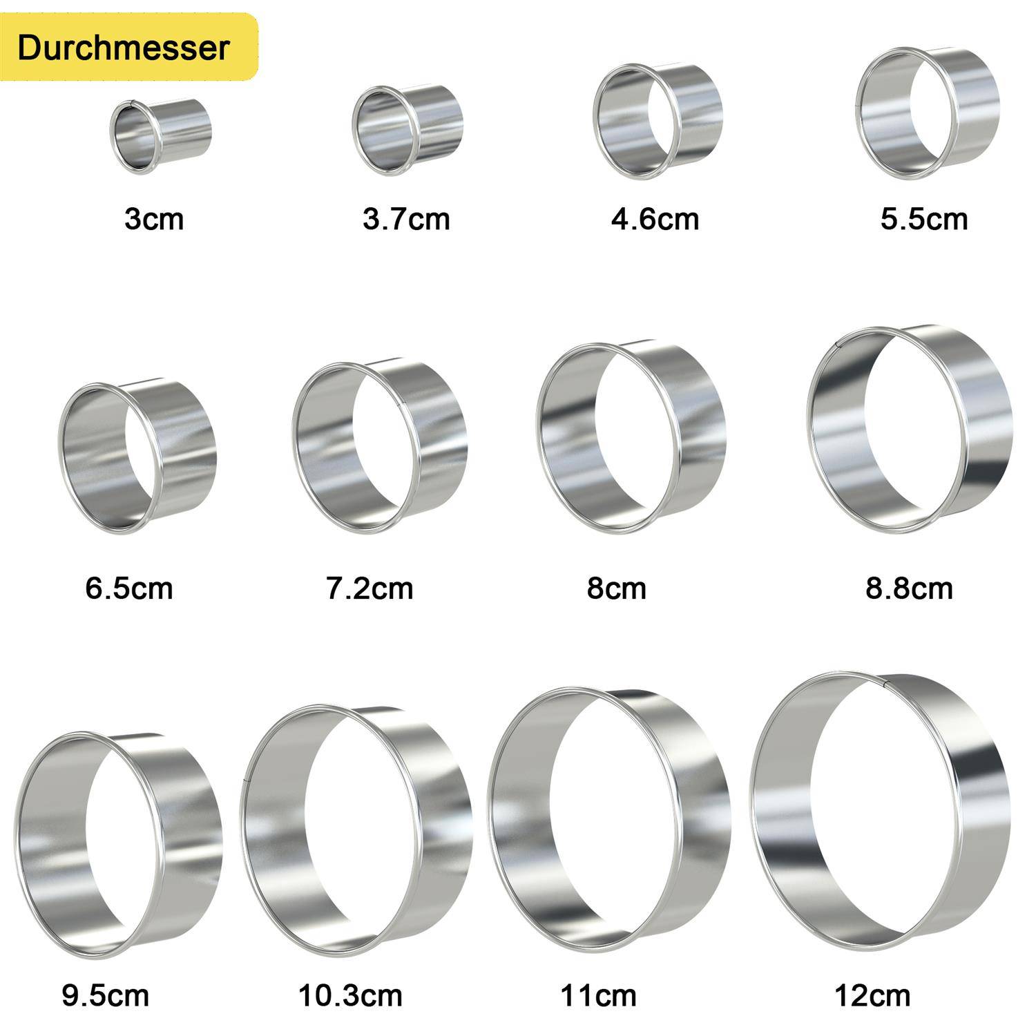 Intirilife 12-teiligs Ausstechformen Set in Silber mit Aufbewahrungsbox - Cutter Ringe Rund aus Edelstahl für Kekse Cookie Plätzchen Gebäck Backfor