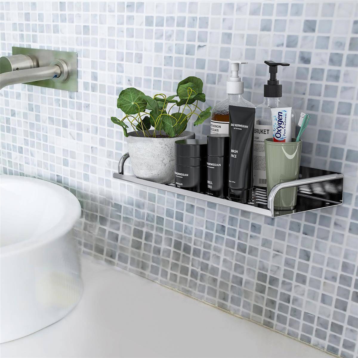 Intirilife Duschablage aus Edelstahl mit 30 x 13 cm - Duschkorb Duschregal Badregal mit praktischen Ablaufrinnen zum Bohren für Bad und Küche