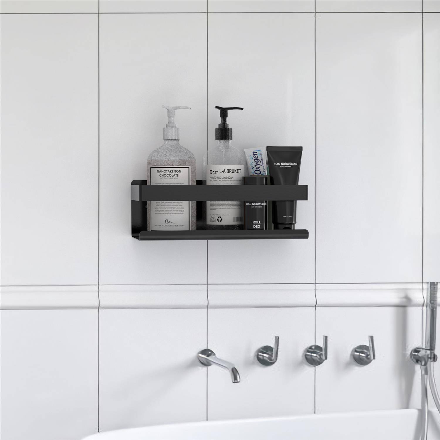 Intirilife selbstklebendes Duschregal in Schwarz - Shampoohalterung Duschablage Badezubehörkorb Gewürzregal