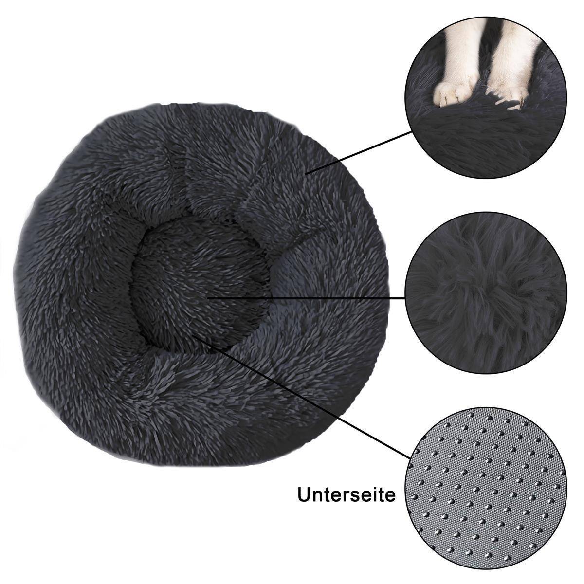 Intirilife flauschiges Plüsch Haustierbett in Dunkel Grau Durchmesser 80 cm - Weiches rundes rutschfestes Hundebett Katzenbett Kissen komfortables