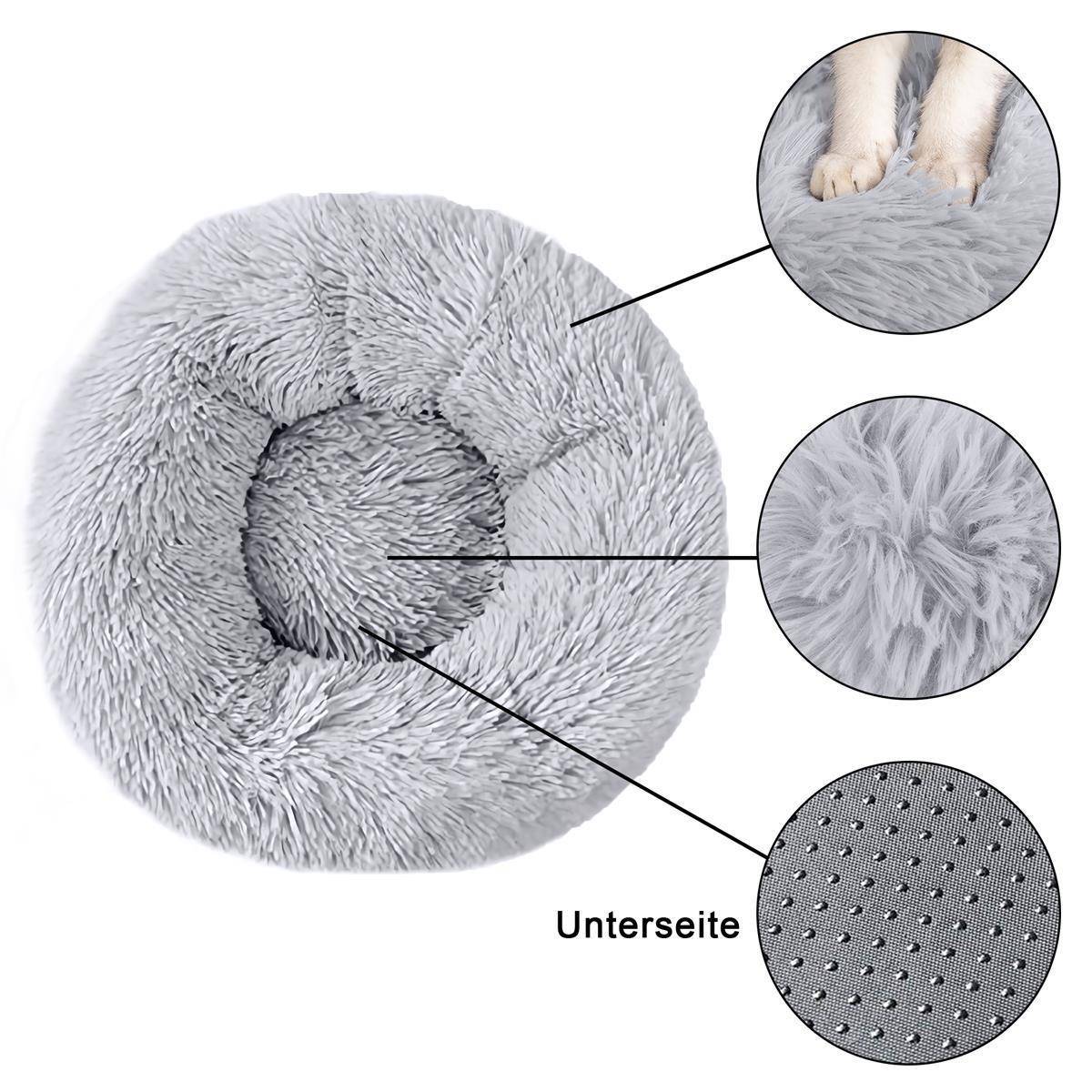 Intirilife flauschiges Plüsch Haustierbett in Hell Grau Durchmesser 80 cm - Weiches rundes rutschfestes Hundebett Katzenbett Kissen komfortables