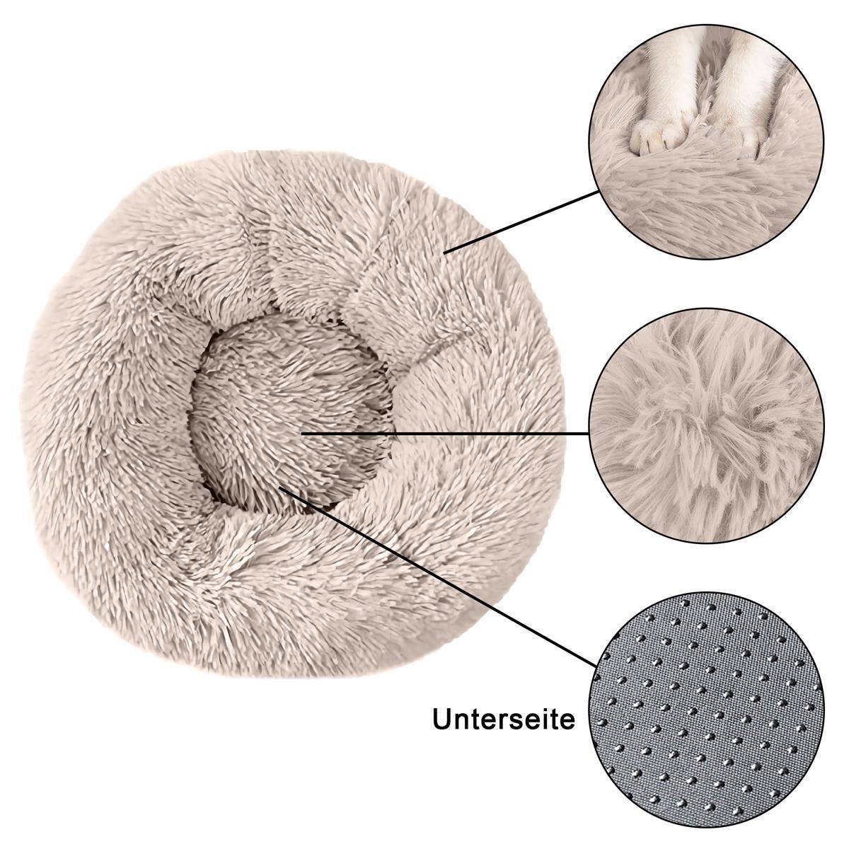 Intirilife flauschiges Plüsch Haustierbett in Beige Durchmesser 60 cm - Weiches rundes rutschfestes Hundebett Katzenbett Kissen komfortables