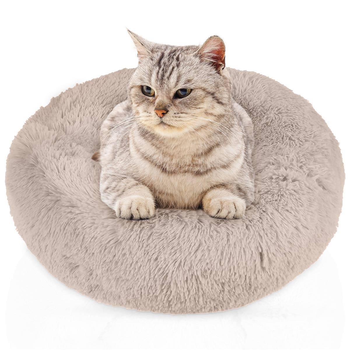 Intirilife flauschiges Plüsch Haustierbett in Beige Durchmesser 60 cm - Weiches rundes rutschfestes Hundebett Katzenbett Kissen komfortables