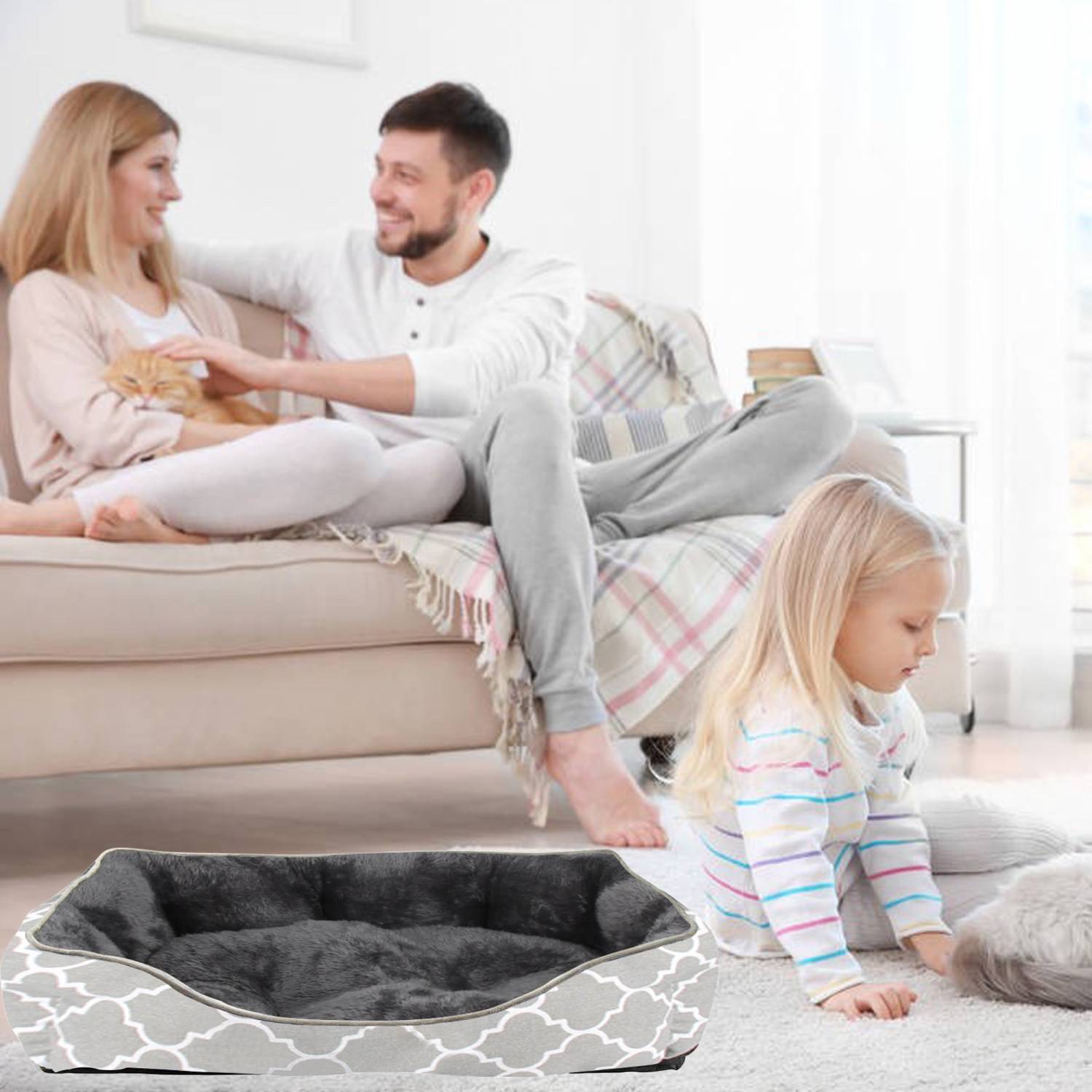 Intirilife Flauschiges Haustierbett mit doppelseitigem Innenkissen in Blau-Grau - Größe 57 x 47 cm - Weiches rundes rutschfestes Hundebett Katzenbet