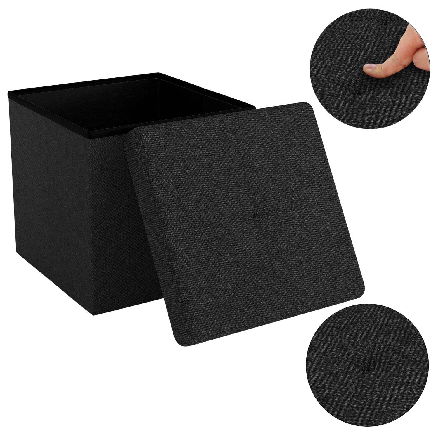 Intirilife Faltbare Sitzhocker 30x30x30 cm in PIANO SCHWARZ - Sitzwürfel mit Stauraum und Deckel aus Stoff mit Mulden - Sitzcube Fußablage Aufbewahr