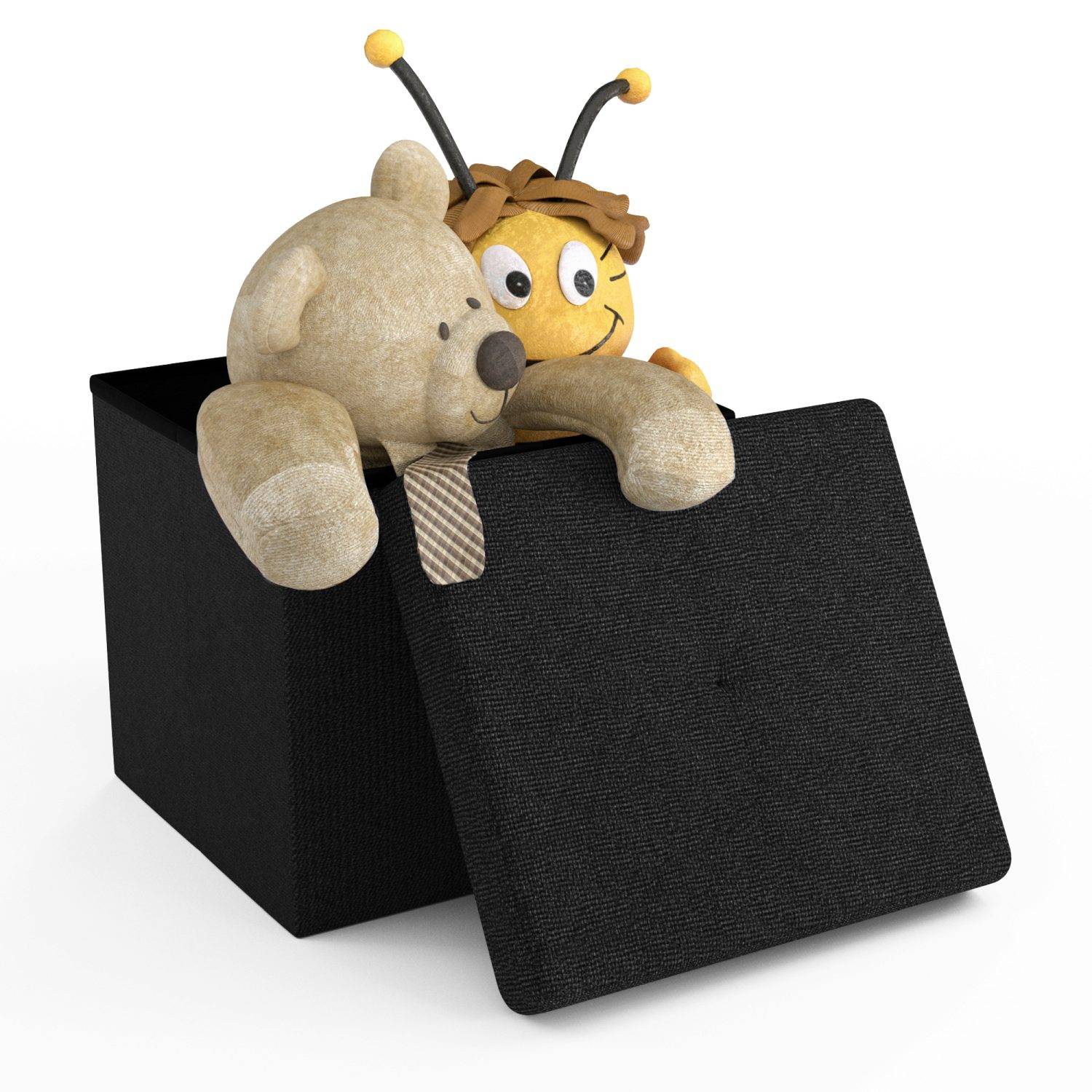 Intirilife Faltbare Sitzhocker 38x38x38 cm in PIANO SCHWARZ - Sitzwürfel mit Stauraum und Deckel aus Stoff mit Mulden - Sitzcube Fußablage Aufbewahr