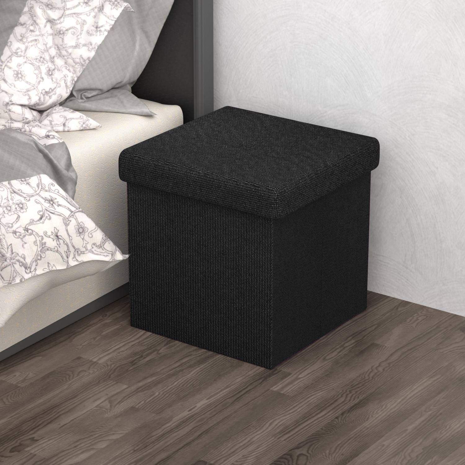 Intirilife Faltbare Sitzhocker 38x38x38 cm in PIANO SCHWARZ - Sitzwürfel mit Stauraum und Deckel aus Stoff mit Mulden - Sitzcube Fußablage Aufbewahr