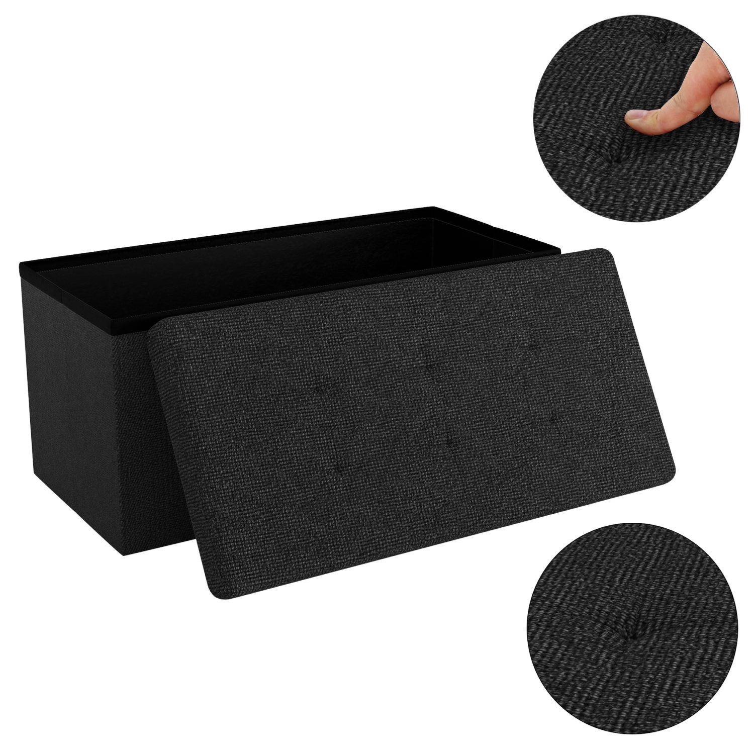 Intirilife Faltbare Sitzbank 76x38x38 cm in PIANO SCHWARZ - Sitzwürfel mit Stauraum und Deckel aus Stoff mit Mulden - Sitzcube Fußablage Aufbewahrun