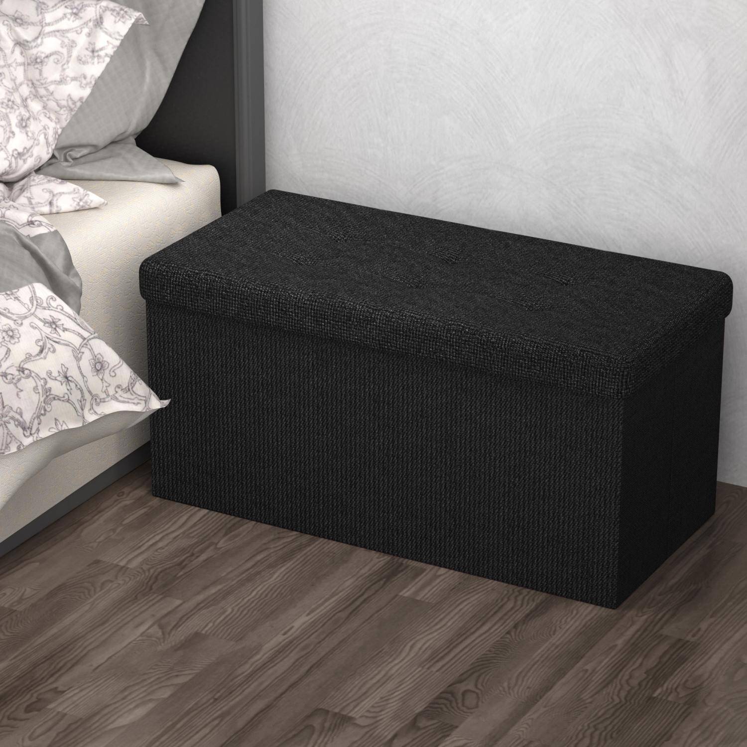 Intirilife Faltbare Sitzbank 76x38x38 cm in PIANO SCHWARZ - Sitzwürfel mit Stauraum und Deckel aus Stoff mit Mulden - Sitzcube Fußablage Aufbewahrun