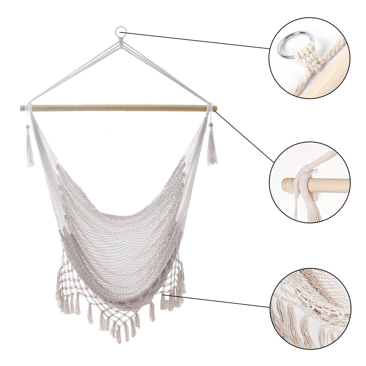 Intirilife Hängesessel Macramee Baumwolle in Beige mit Fransenkante - Bequeme platzsparende und atmungsaktive Sitzmöglichkeit für Erwachsene und Ki