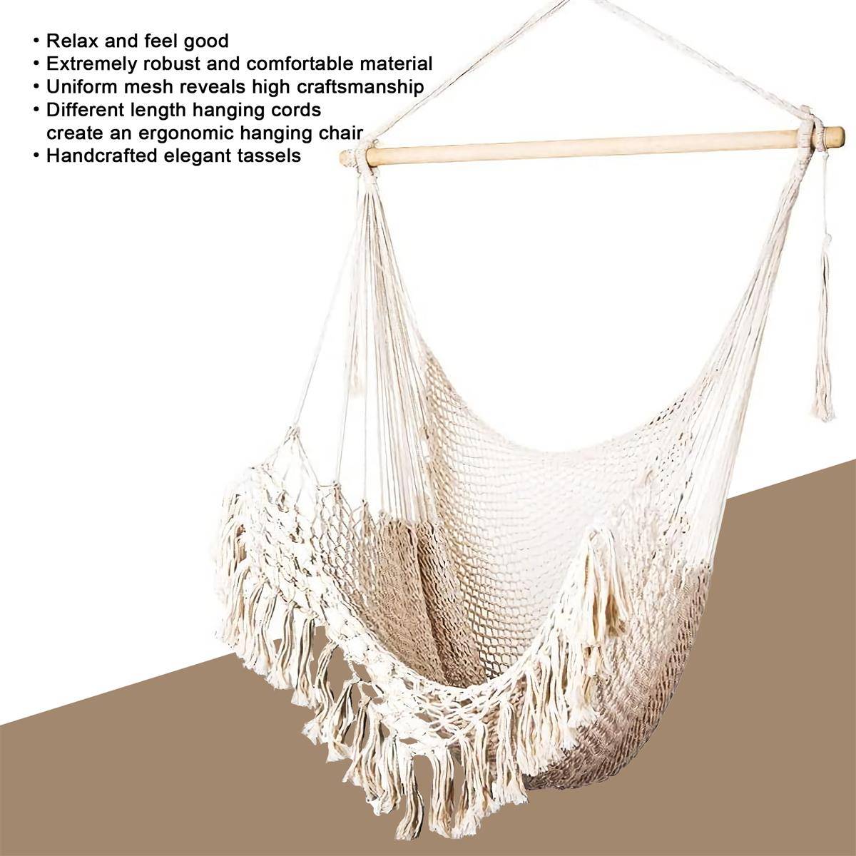 Intirilife Hängesessel Macramee Baumwolle in Beige mit Fransenkante - Bequeme platzsparende und atmungsaktive Sitzmöglichkeit für Erwachsene und Ki