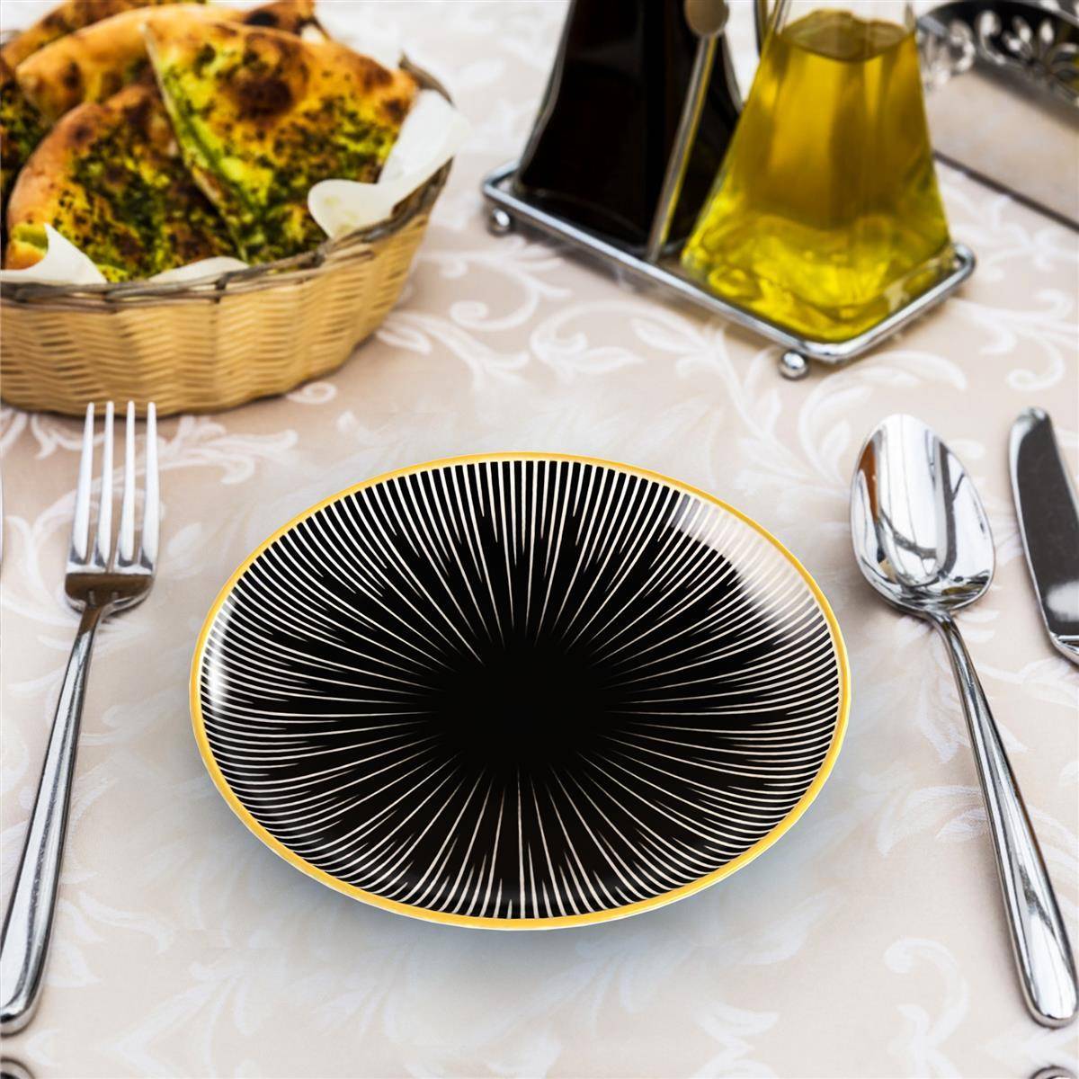 Intirilife 4x Porzellan Teller Muster Gestreift - Schwarz Weiß - Durchmesser 15.3 cm - Frühstücksteller Dessertteller Servierteller für Salat Frü