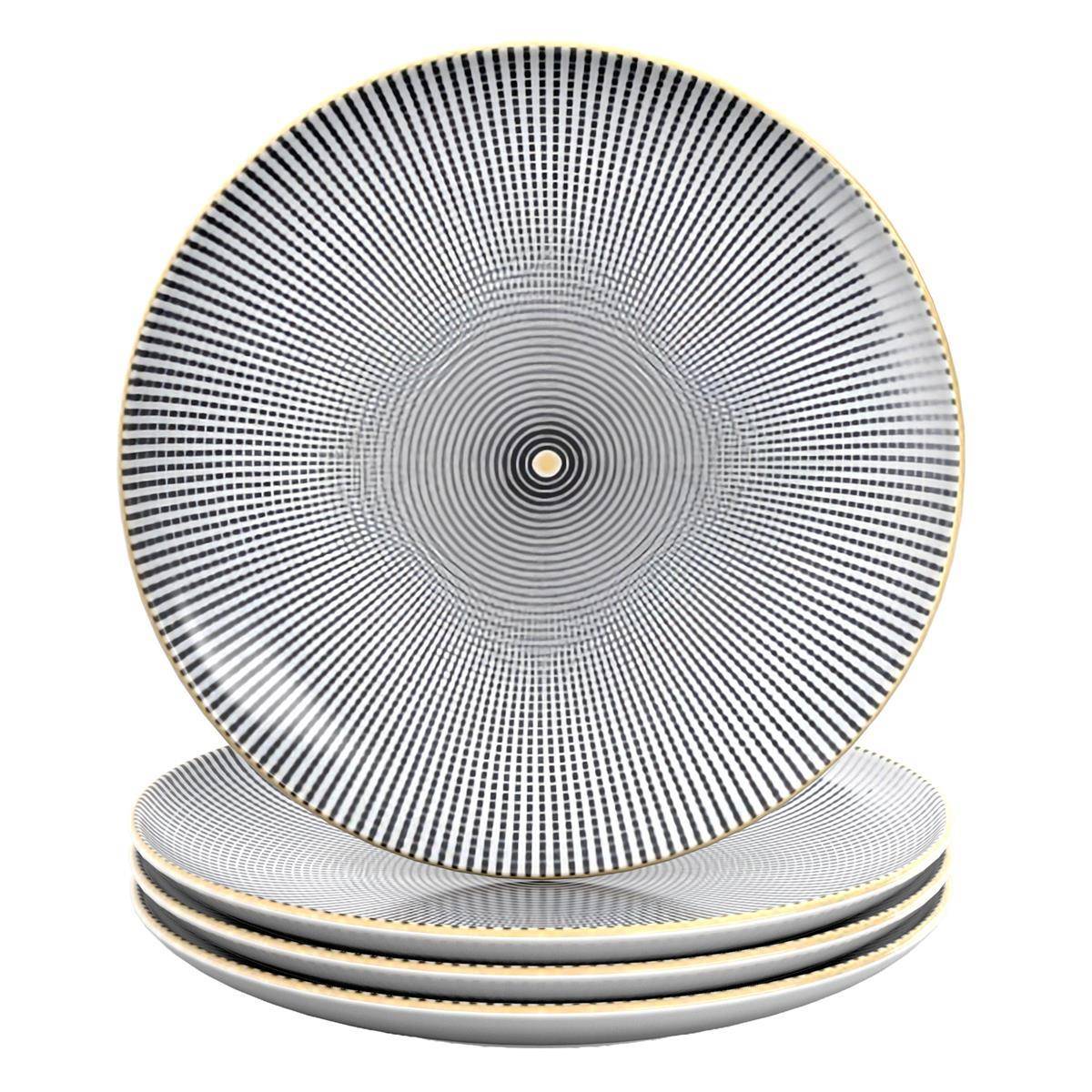 Intirilife 4x Porzellan Teller Muster Endlos - Schwarz Weiß - Durchmesser 20.5 cm - Frühstücksteller Dessertteller Servierteller für Salat Frücht