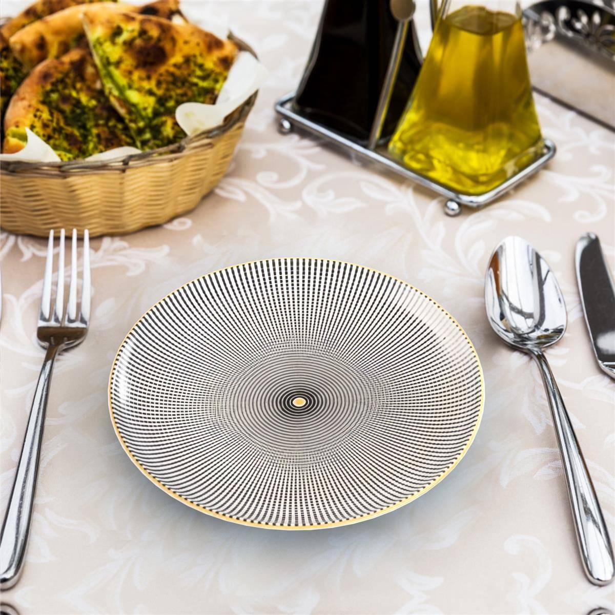 Intirilife 4x Porzellan Teller Muster Endlos - Schwarz Weiß - Durchmesser 20.5 cm - Frühstücksteller Dessertteller Servierteller für Salat Frücht