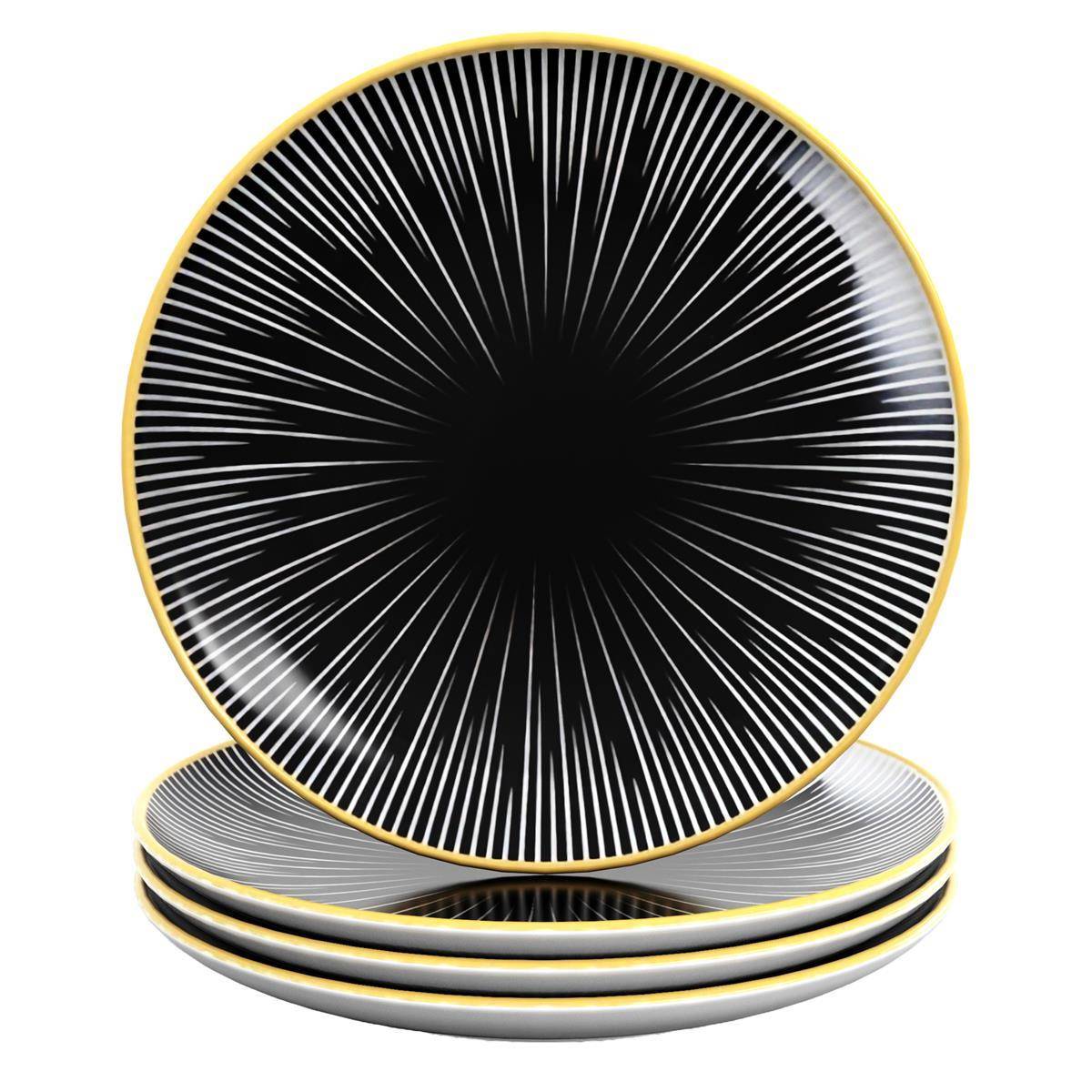 Intirilife 4x Porzellan Teller Muster Gestreift - Schwarz Weiß - Durchmesser 20.5 cm - Frühstücksteller Dessertteller Servierteller für Salat Frü