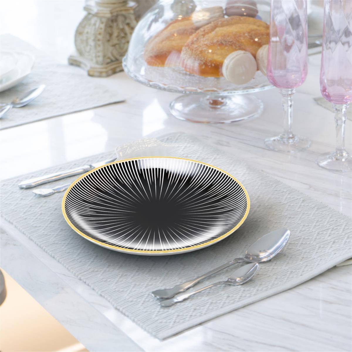 Intirilife 4x Porzellan Teller Muster Gestreift - Schwarz Weiß - Durchmesser 20.5 cm - Frühstücksteller Dessertteller Servierteller für Salat Frü