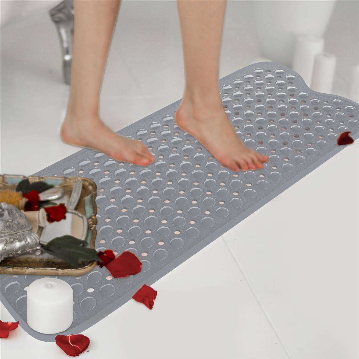 Intirilife rutschsichere Badewannenmatte in Grau - Hautsensitive BPA-freie schimmelresistente Duschmatte maschinenwaschbar