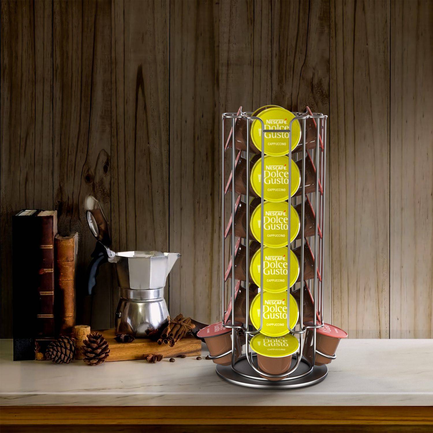 Intirilife Kaffeekapsel Halterung für 32 Kapseln aus Metal in Chrom-Optik - Kompatibel mit Dolce Gusto Kapseln - Aufbewahrung 360 Grad drehbar