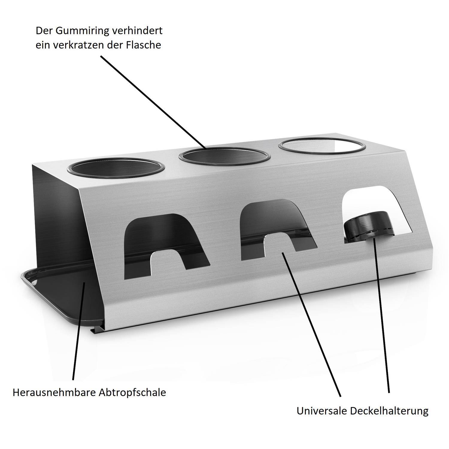 Intirilife silbernes Edelstahl Abtropfgestell Flaschenständer Trockenhalterung für bis zu 3 Flaschen