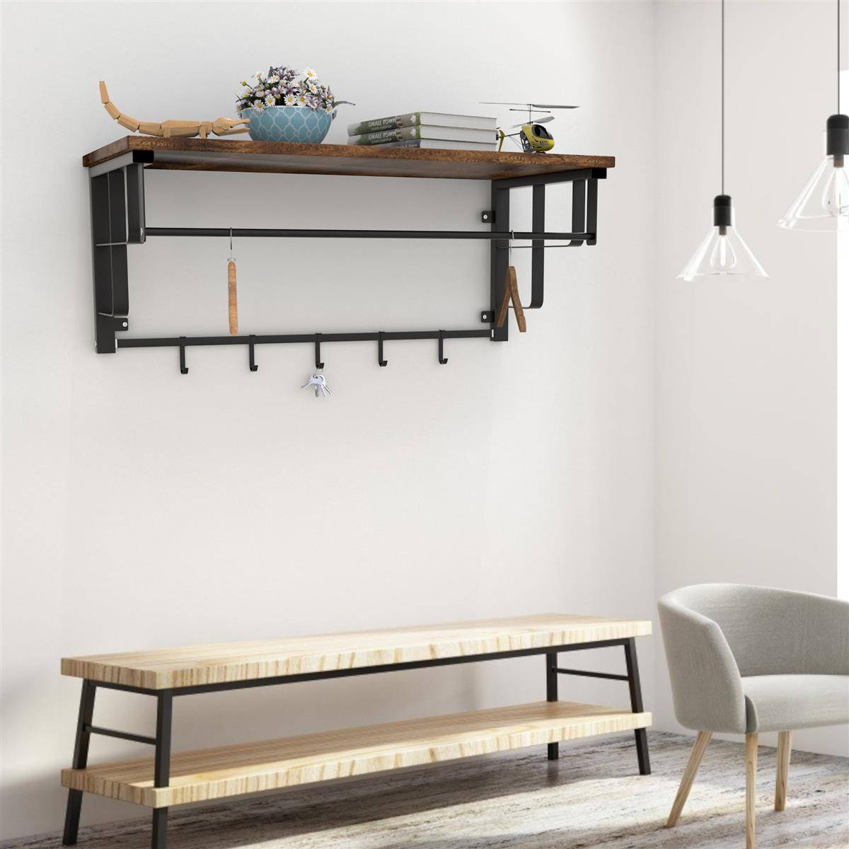 Intirilife Wandgarderobe mit abnehmbaren Haken für Küche, Flur, Wohnzimmer - Hängeregal Kleiderhaken Küchenregal