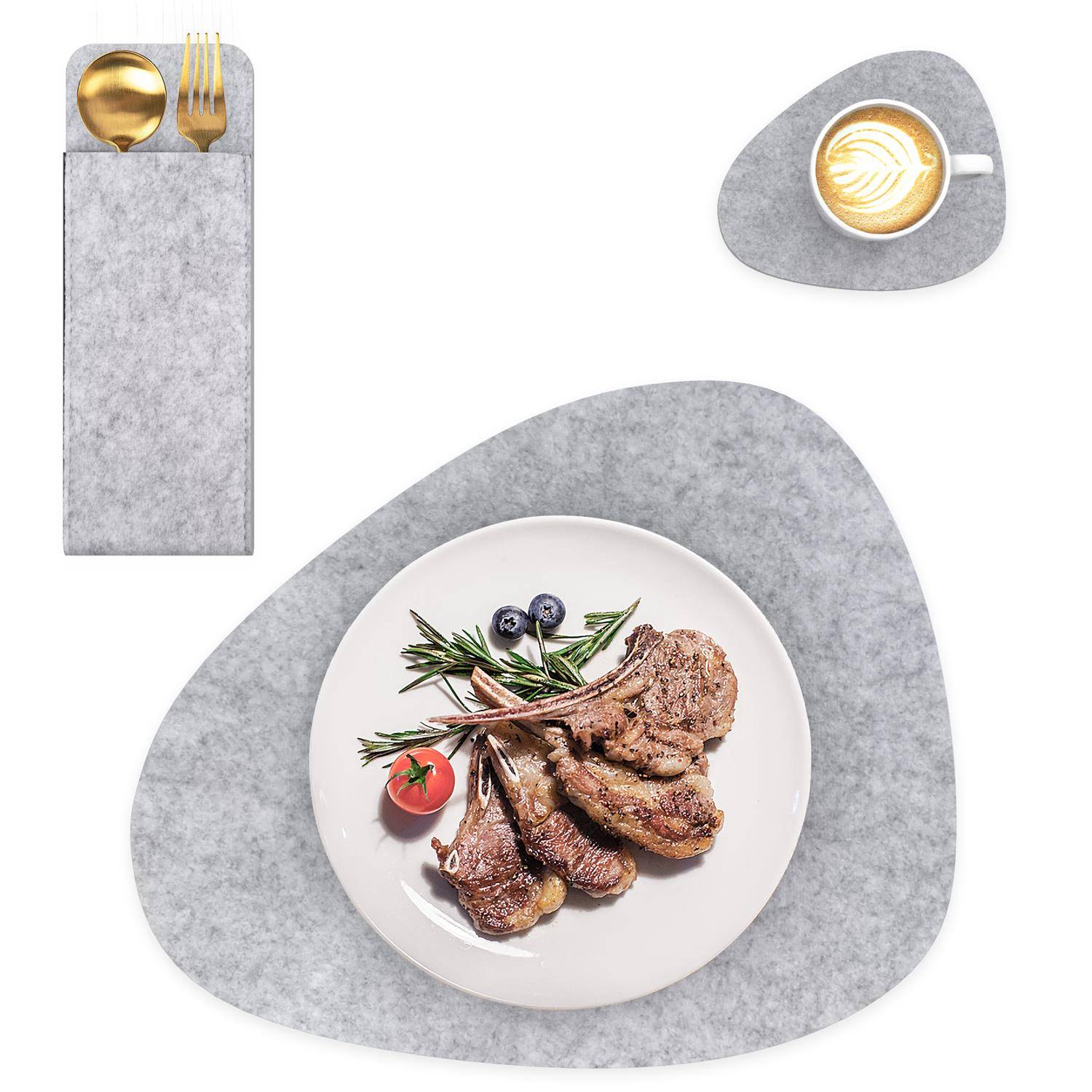 Intirilife 6x Filzunterleger-Set in Grau - Tischdeckchen Gläseruntersetzer Bestecktasche Platzset für Restaurant und Zuhause