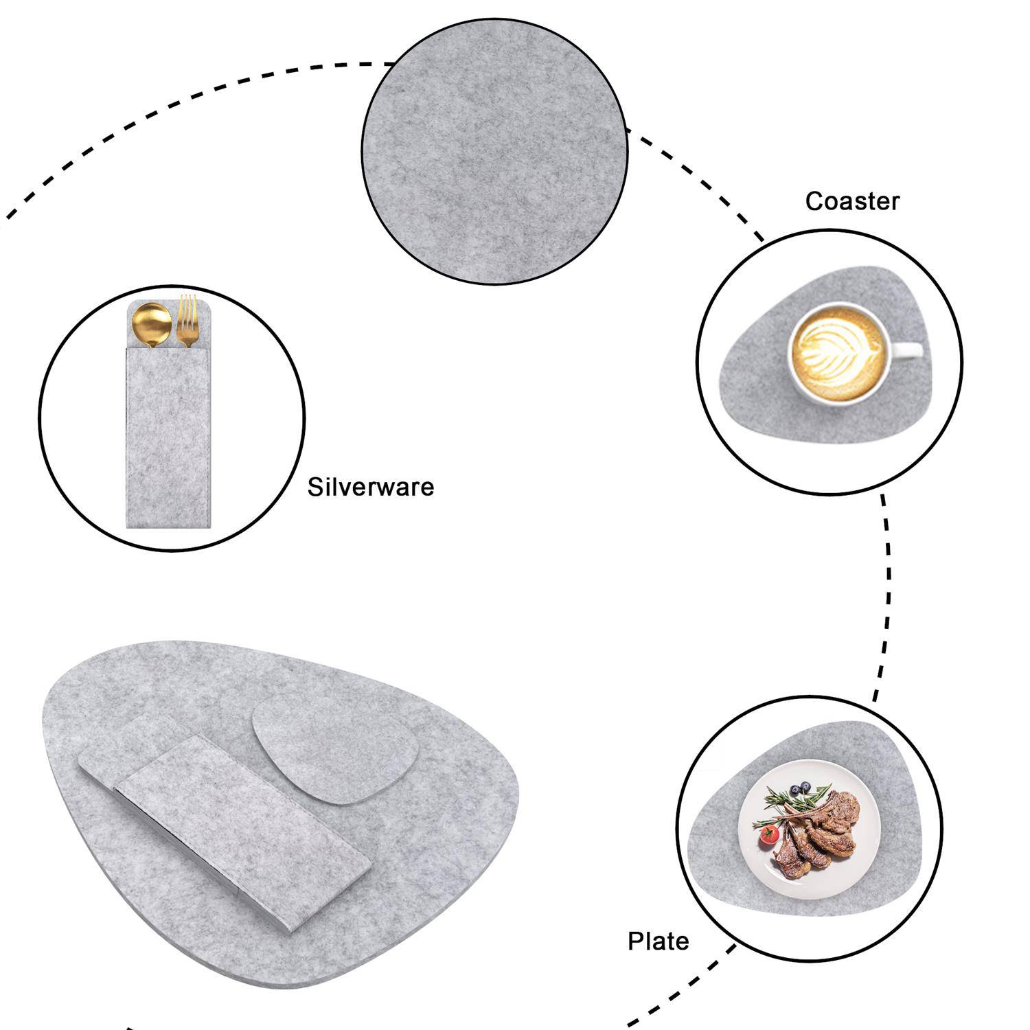 Intirilife 6x Filzunterleger-Set in Grau - Tischdeckchen Gläseruntersetzer Bestecktasche Platzset für Restaurant und Zuhause