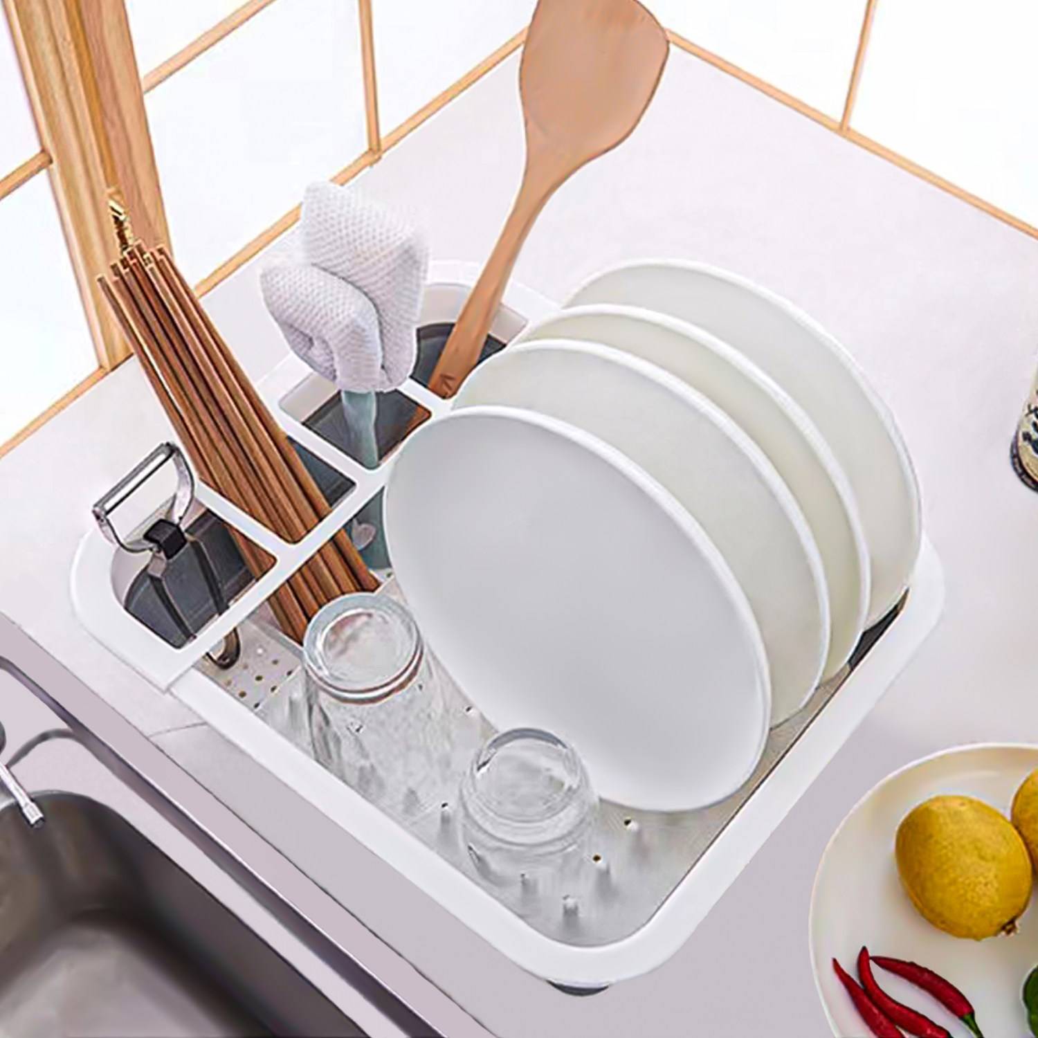 Intirilife zusammenklappbares Abtropfgestell Geschirrbox in Grau-Weiß für Camping, Zuhause und Unterwegs