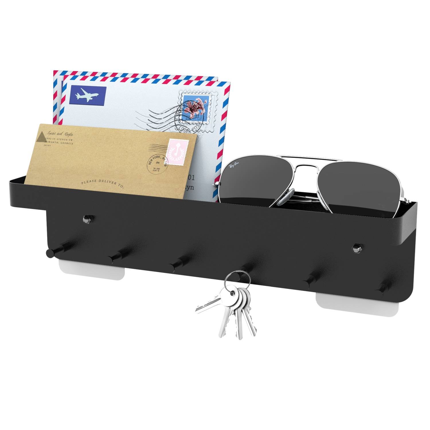 Intirilife Schlüsselbrett mit Ablage in Schwarz - Selbstklebend - Hakenleiste für die Wand mit 6 Haken und Ablagefläche