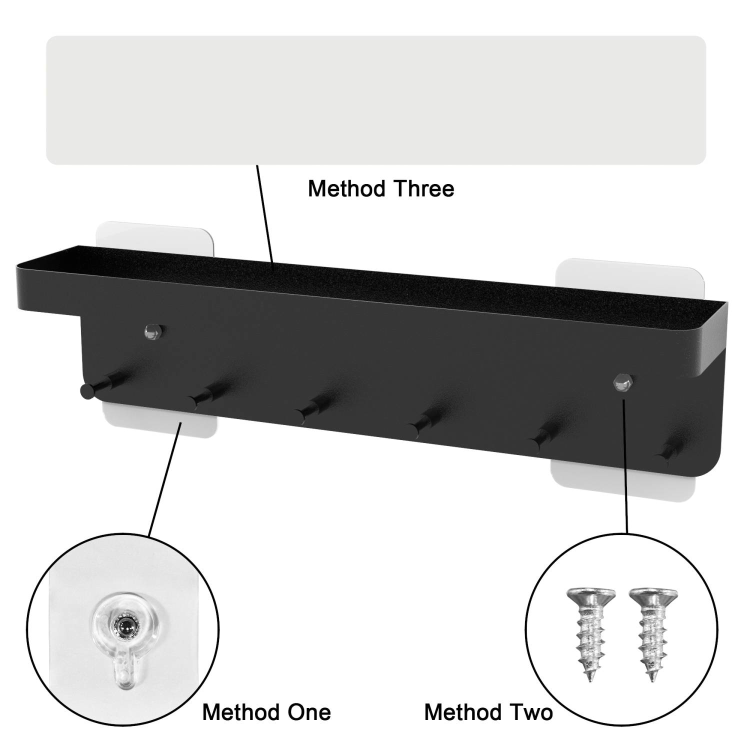 Intirilife Schlüsselbrett mit Ablage in Schwarz - Selbstklebend - Hakenleiste für die Wand mit 6 Haken und Ablagefläche
