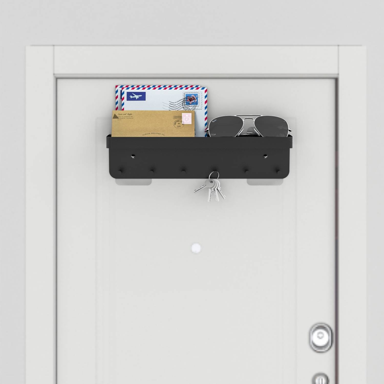 Intirilife Schlüsselbrett mit Ablage in Schwarz - Selbstklebend - Hakenleiste für die Wand mit 6 Haken und Ablagefläche