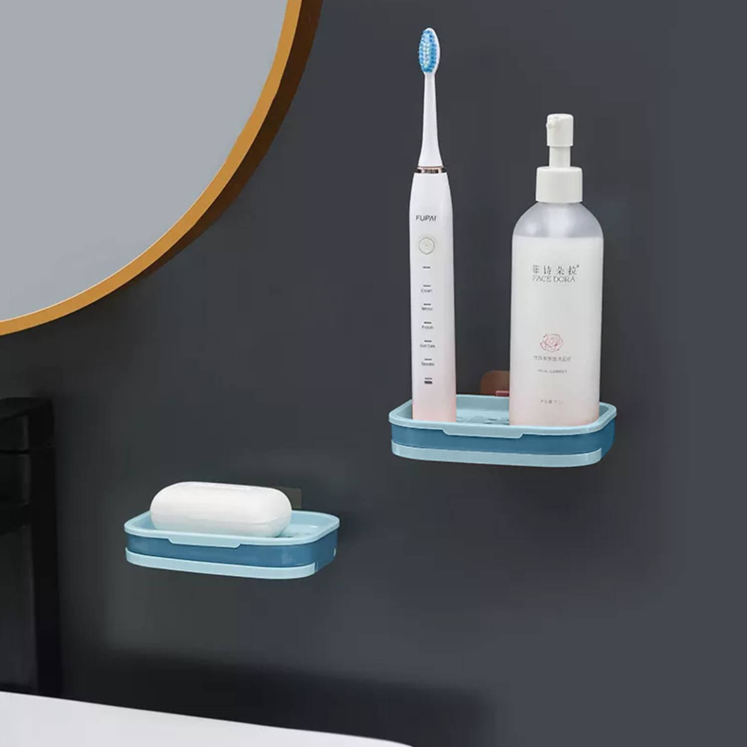 Intirilife Seifenschale 13 x 9 x 2 cm in Hell Blau - Seifenhalterung für die Wand, mit Wasserspeicher, zum kleben, ohne bohren