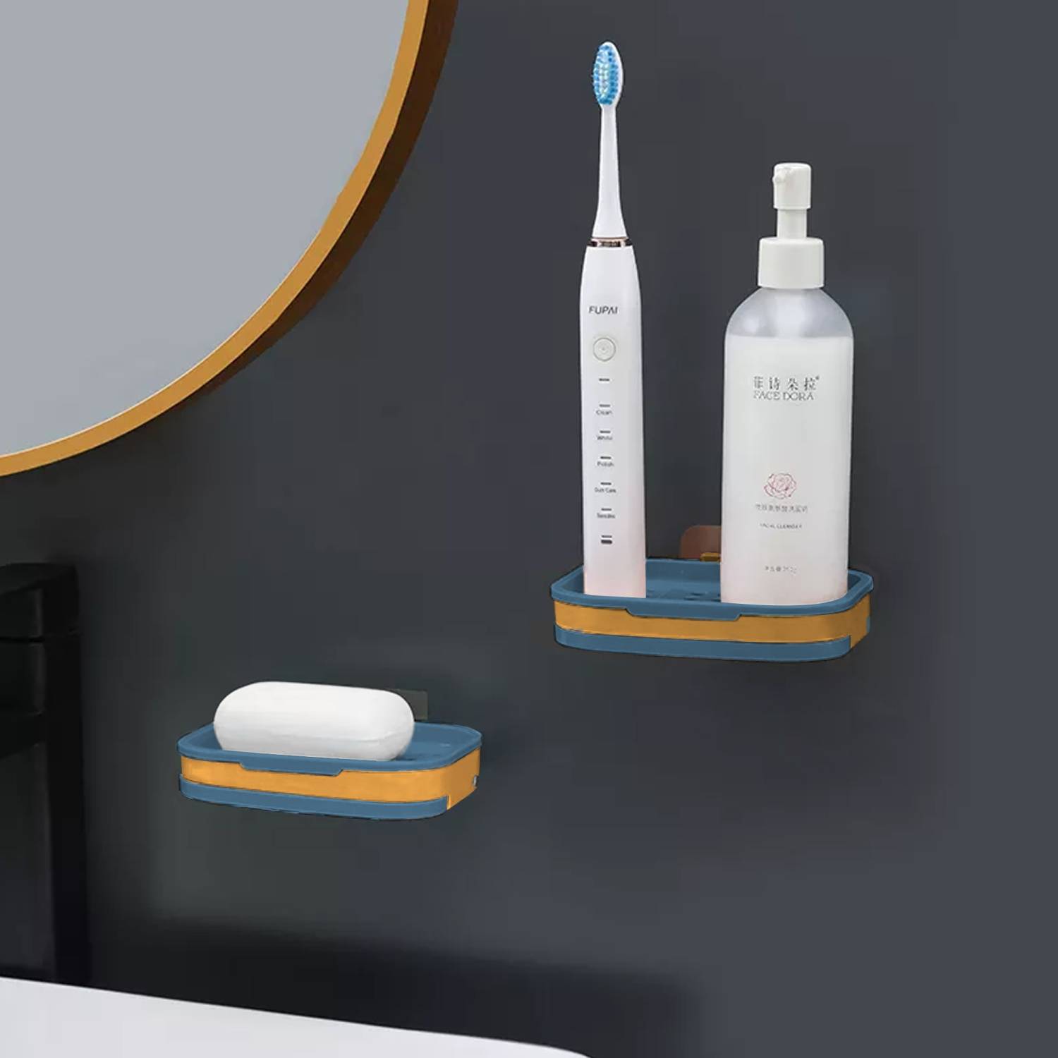 Intirilife Seifenschale 13 x 9 x 2 cm in Dunkel Blau - Seifenhalterung für die Wand, mit Wasserspeicher, zum kleben, ohne bohren