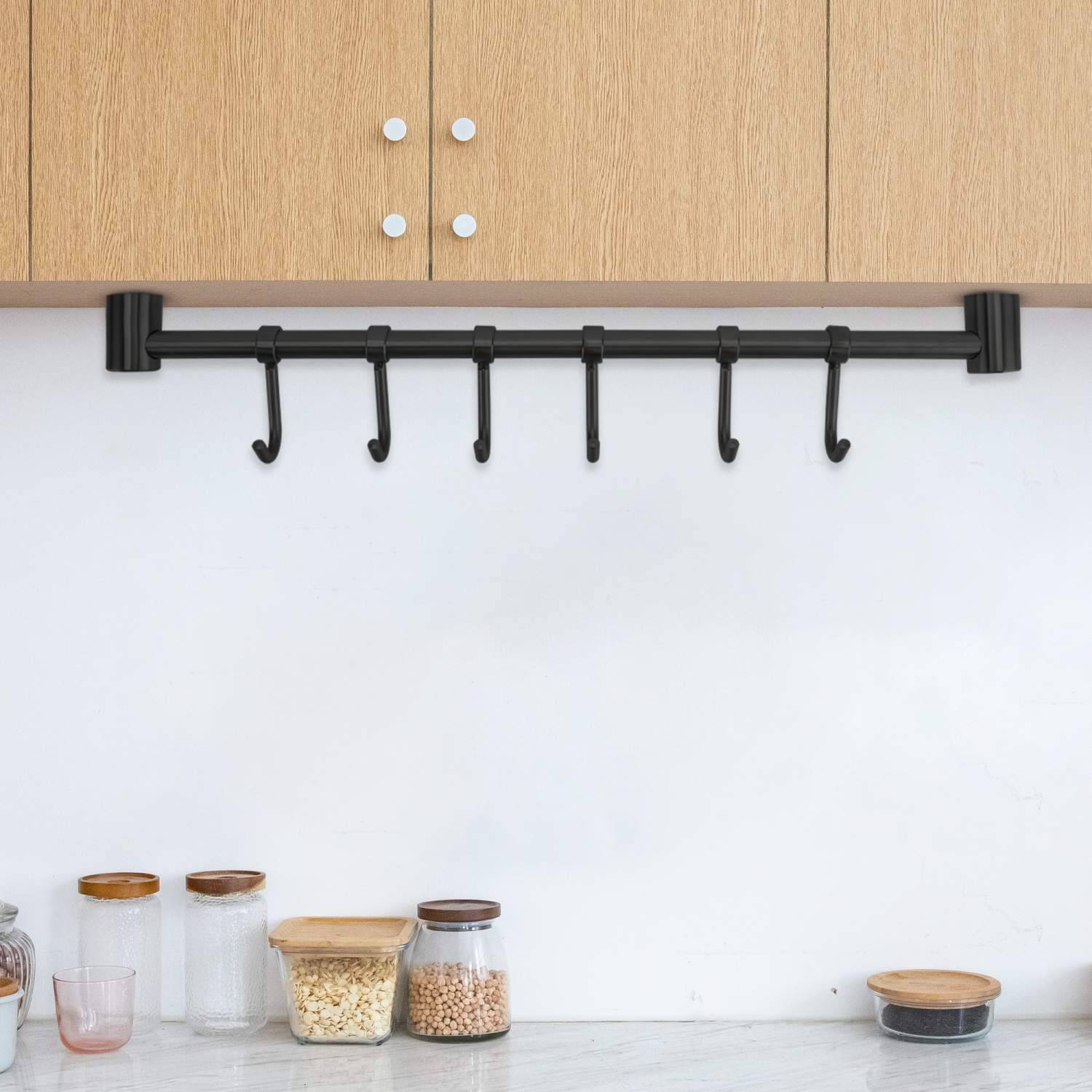 Intirilife Edelstahl Hängeleiste mit 6 Haken in Schwarz - Hakenleiste Küchenstange Wandhalterung