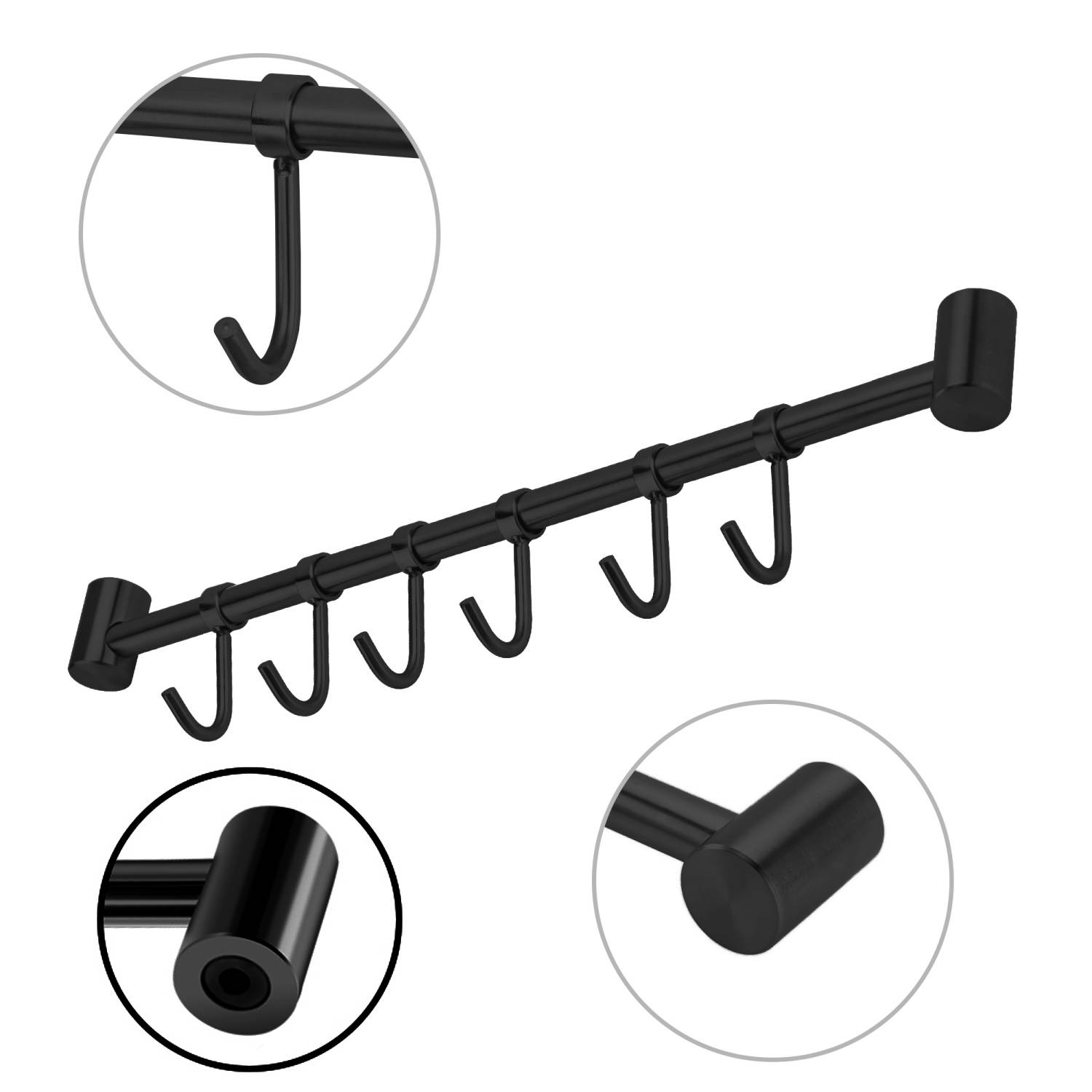 Intirilife Edelstahl Hängeleiste mit 6 Haken in Schwarz - Hakenleiste Küchenstange Wandhalterung