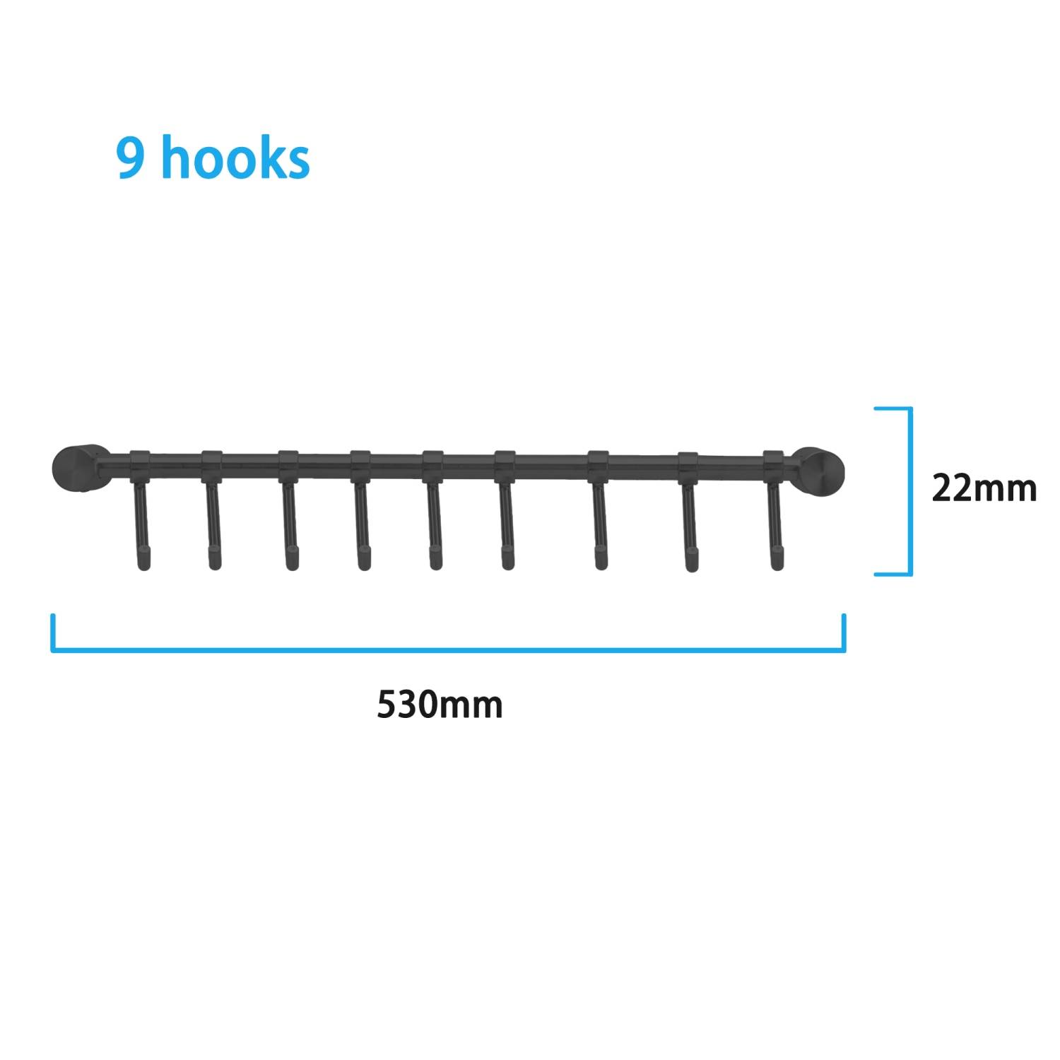 Intirilife Edelstahl Hängeleiste mit 9 Haken in Schwarz - Hakenleiste Küchenstange Wandhalterung
