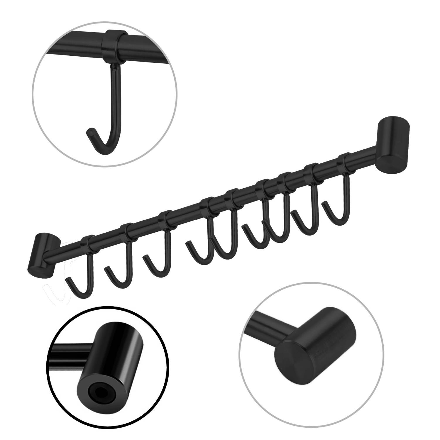 Intirilife Edelstahl Hängeleiste mit 9 Haken in Schwarz - Hakenleiste Küchenstange Wandhalterung