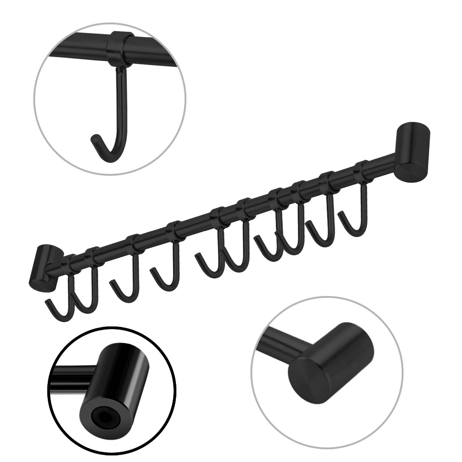 Intirilife Edelstahl Hängeleiste mit 10 Haken in Schwarz - Hakenleiste Küchenstange Wandhalterung
