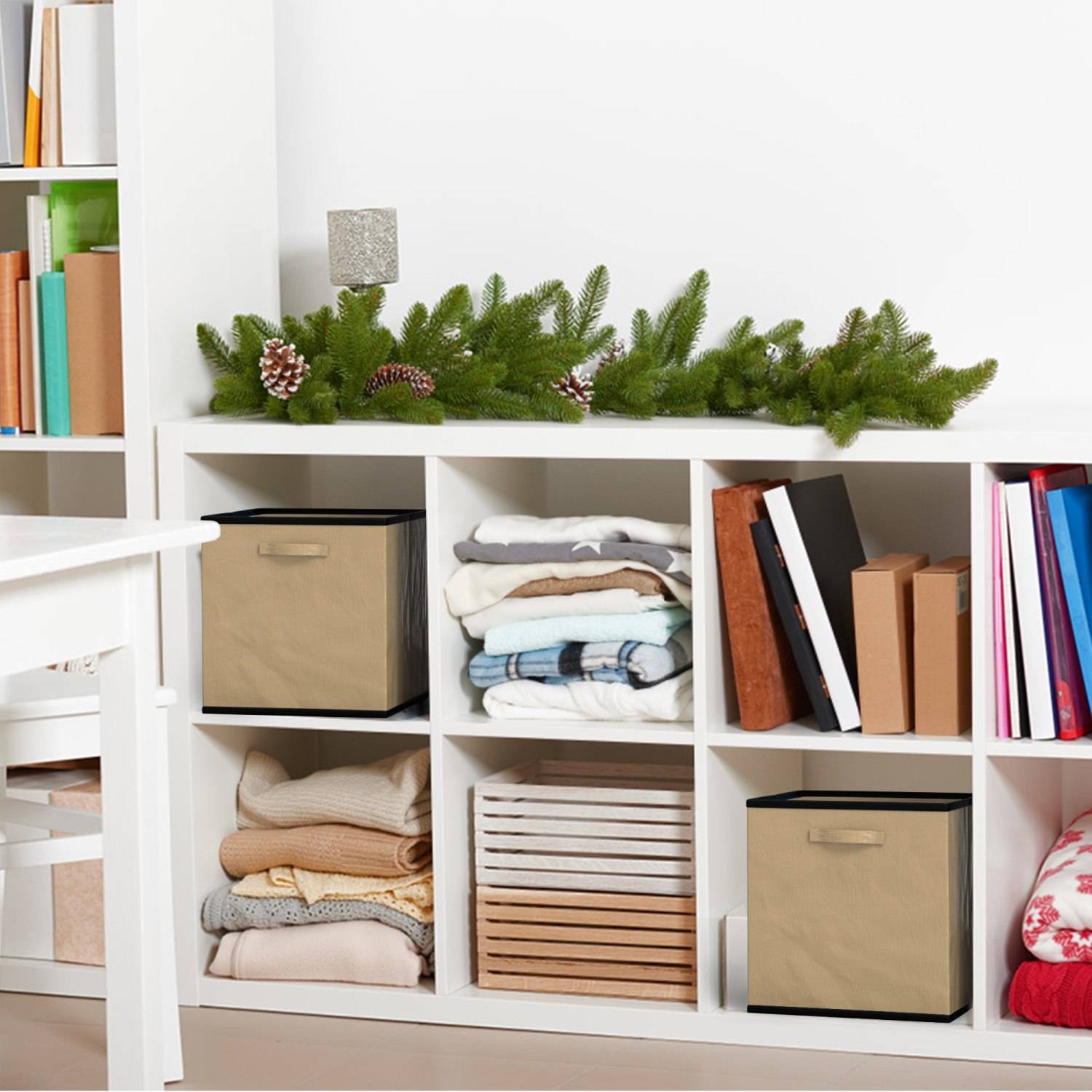 Intirilife 6x faltbare Aufbewahrungs-Stoffbox in Beige - 26.7 x 26.7 x 28 cm - Multifunktionale Sammelbox zum Kombinieren mit Schränken oder Regalen