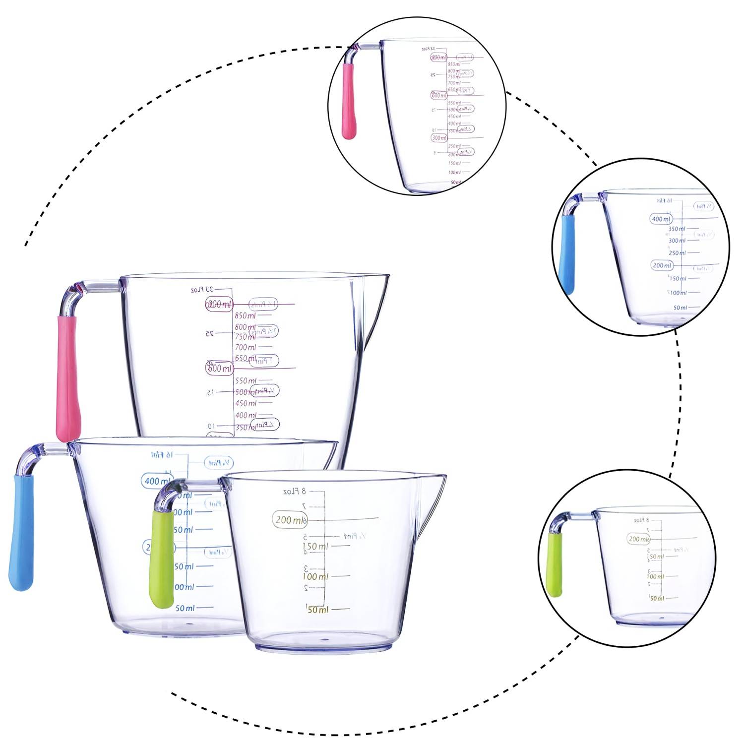 Intirilife 3er Pack Messbecher mit 200 ml, 400 ml und 900 ml - Verschiedenen Größen zum Kochen Backen und Abmessen