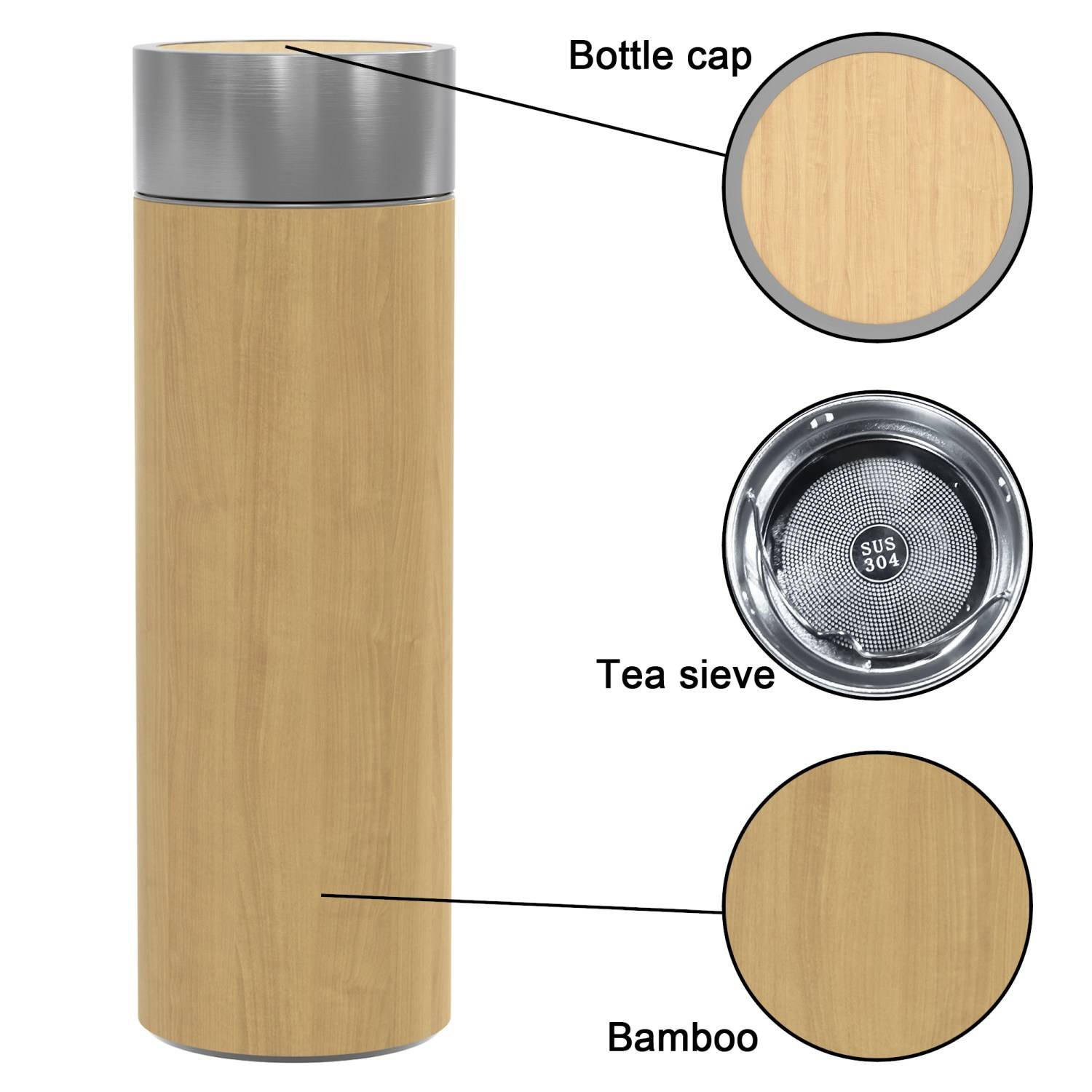Intirilife praktische Bambus Thermosflasche mit 350 ml Füllmenge zum Wandern Reisen im Zug Büro Auto und Unterwegs