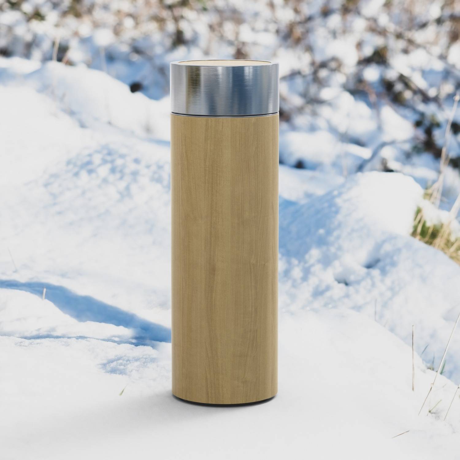 Intirilife praktische Bambus Thermosflasche mit 350 ml Füllmenge zum Wandern Reisen im Zug Büro Auto und Unterwegs