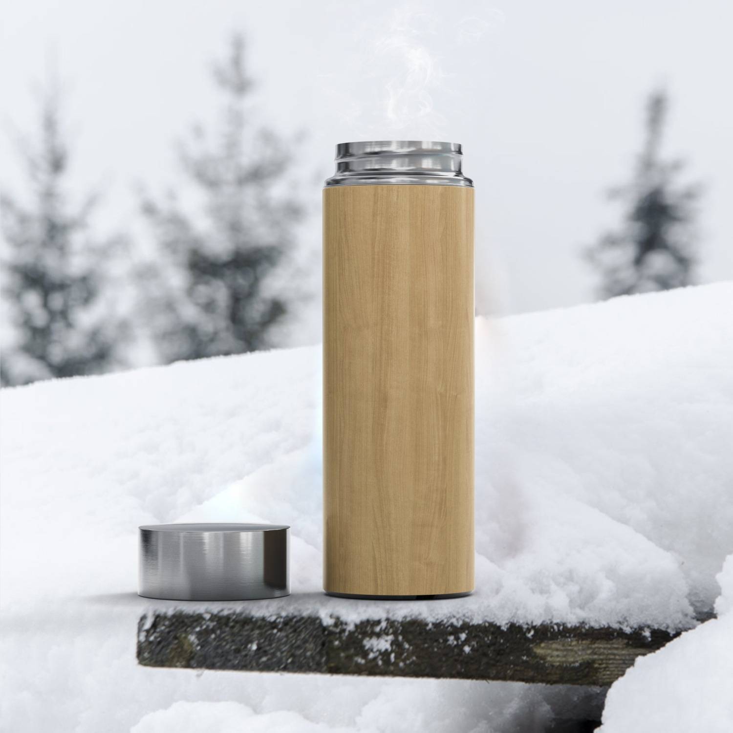 Intirilife praktische Bambus Thermosflasche mit 350 ml Füllmenge zum Wandern Reisen im Zug Büro Auto und Unterwegs