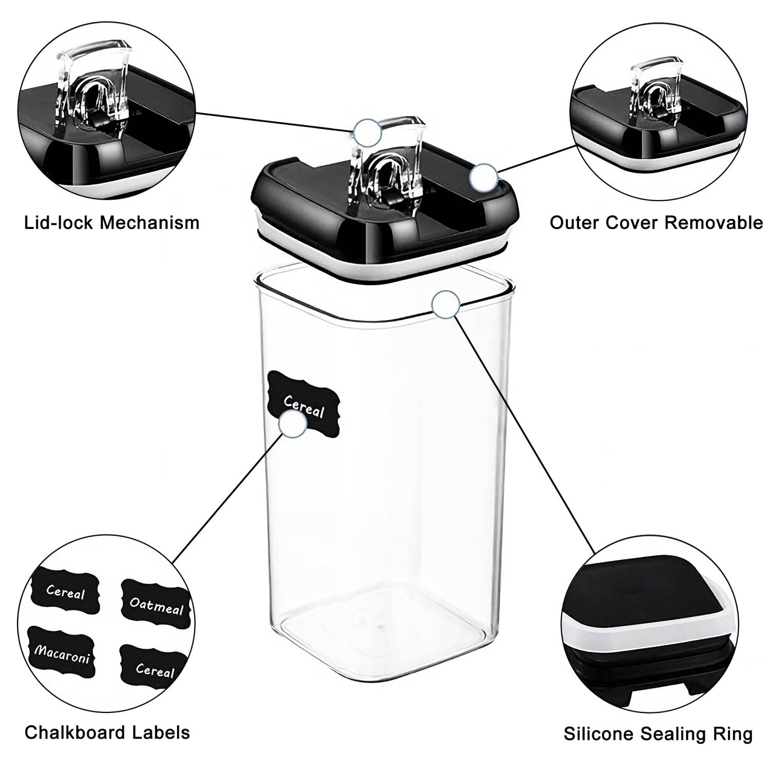 Intirilife 7-teiliges Set luftdichte Lebensmittelbehälter Aufbewahrungsboxen in schwarz in verschiedenen Größen